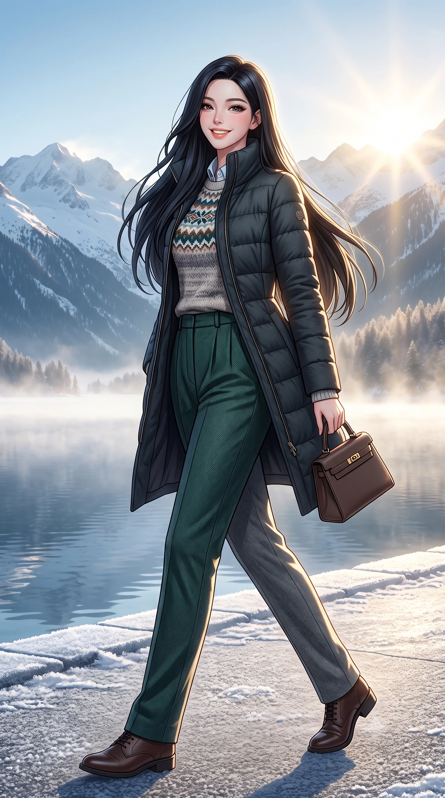 score_9, masterpiece, best quality, ultra-detailed, high-budget anime keyframe, semi-realistic 3D game render, editorial fashion photography, tasteful artistic composition, Korean woman. low angle full-body shot from head to toe showing her feet, filling the entire 9:16 vertical frame with her statuesque presence, stretching her vertical silhouette. pausing along the promenade and turning back toward the camera with an infectious, delightful smile and perfect posture while stepping forward with brisk, graceful strides on the frosted path, her long wool coat creating an impeccably slender vertical line. The surrounding environment is rendered in vivid detail and crisp panoramic clarity: detailed quilted down-tailored coat quilting, high funnel neck collar, and alpine lakeside topography in high resolution. She has an exceptionally tall and slender model-like 8.5-heads proportion, an ultra-slim waist, a flat toned midriff, narrow delicate ribcage, and beautifully sculpted feminine hips creating a graceful, slim hourglass silhouette without any bulky heaviness, with impossibly long slender legs. sharp v-shaped jawline, high-bridge nose, intricate jewel-like sparkling eyes with depth, thick eyelashes, glossy parted lips with a natural peach sheen, bright cheerful beaming smile with an enchanting and coquettish sensual glint, exuding both youthful cute charm and seductive allure, flawlessly proportioned anatomical accuracy, strict slender model proportions, natural body alignment, perfectly sculpted long slender limbs, ultra-slim waistline, clean dynamic posture without body distortion. wearing a Fair Isle patterned lambswool knit sweater layered over an Oxford button-down shirt with pleated wool trousers in St. Moritz pine forest emerald and heather grey, made of luxurious brushed wool flannel with rich textural depth and clean structure, finished with a structured leather top-handle mini bag resting gracefully at her side, the streamlined silhouette following her natural slender proportions with sophisticated poise, enhancing her tall willowy presence. bathed in crisp, sparkling morning sun breaking over mountain crests, illuminating lake mist with ethereal golden backlighting. highly saturated vibrant anime colors, detailed shading with soft gradients, rich glossy textures, high-contrast stereoscopic depth, volumetric dynamic lighting, master piece, 9:16 ratio