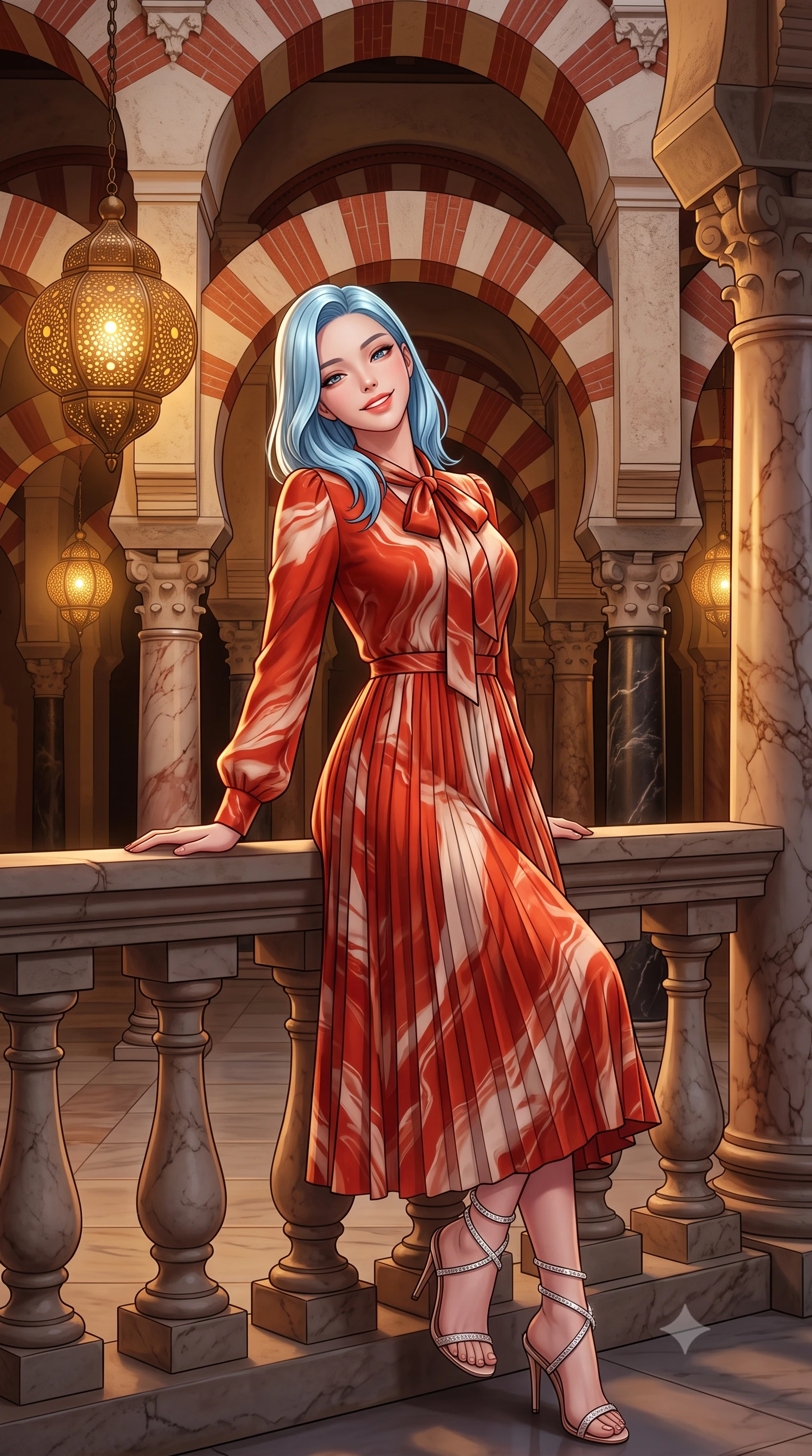 score_9, masterpiece, best quality, ultra-detailed, high-budget anime keyframe, semi-realistic 3D game render, editorial fashion photography, tasteful artistic composition, Korean woman. close-up cowboy shot from the waist and thighs up, the character dominates the composition, filling the frame with her large presence. leaning back against the balustrade with relaxed seductive grace, head tilted back slightly while casting a hypnotic, heavy-lidded gaze while standing poised within the endless forest of jasper, onyx, and marble pillars beneath double-tiered red-and-white horseshoe arches, arching her spine with hypnotic diva poise. The surrounding environment is rendered in vivid detail and crisp panoramic clarity: sharp red brick and white stone alternating voussoirs, polished Roman marble pillar veining, and perforated bronze lamp metalwork in deep focus. She has an exceptionally elegant, slender, and willowy female figure with an ultra-slim waist, flat toned midriff, narrow ribcage, and sculpted feminine hips creating an alluring, slim hourglass silhouette without bulk. sharp v-shaped jawline, high-bridge nose, intricate jewel-like sparkling eyes with depth, thick eyelashes, glossy parted lips with a natural peach sheen, bright cheerful beaming smile with an enchanting and coquettish sensual glint, exuding both youthful cute charm and seductive allure, flawlessly proportioned anatomical accuracy, strict slender model proportions, natural body alignment, perfectly sculpted long slender limbs, ultra-slim waistline, clean dynamic posture without body distortion. wearing an elegant long-sleeve silk georgette tea dress with pleated A-line skirt and neck pussy-bow in Cordoba vermilion red and ivory alabaster marble, crafted from bespoke double-faced cashmere with an exceptionally soft tactile finish, complemented by strappy stiletto sandals with crystal ankle wraps accentuating her slender calves, the impeccably tailored cut draping gracefully along her slender figure with aristocratic poise. bathed in the warm mystical 2300K amber glow of hanging bronze lantern lamps dimmed to an evening ceremony ambiance. highly saturated vibrant anime colors, detailed shading with soft gradients, rich glossy textures, high-contrast stereoscopic depth, volumetric dynamic lighting, master piece, 9:16 ratio