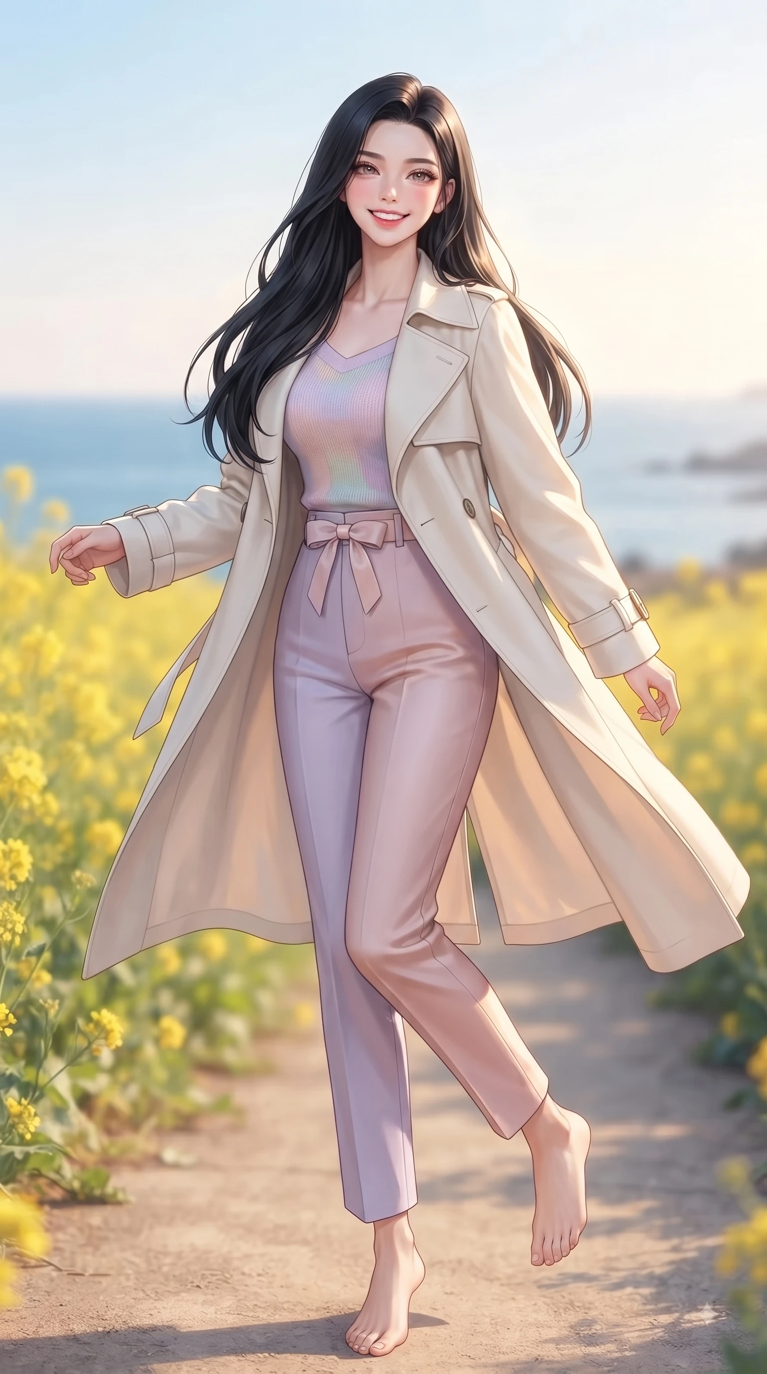 score_9, masterpiece, best quality, ultra-detailed, high-budget anime keyframe, editorial fashion photography, tasteful artistic composition, Korean woman. low angle full-body shot from head to toe showing her feet, filling the entire 9:16 vertical frame with her statuesque presence, stretching her vertical silhouette. performing a cheerful mid-motion turn with flawless poise, her radiant smile capturing fresh girlhood energy while taking a stroll along a quiet island seaside path as golden sunlight illuminates her fresh beauty. The composition keeps background elements in soft focus with dreamy bokeh. yellow canola fields and clear coastal blue skies softened with a gentle dreamy background blur. She has an absolutely perfect, statuesque 8.5-heads proportion, an exceptionally tall and slender model-like female figure with impossibly long slender legs and an ultra-slim waist. sharp v-shaped jawline, high-bridge nose, intricate jewel-like eyes with depth, thick eyelashes, glossy lips with a natural sheen, flawlessly proportioned anatomical accuracy, natural body alignment, perfectly sculpted elegant limbs, clean dynamic posture without body distortion. wearing a stylish pale ivory trench coat over a pastel knit top and high-waist tailored slacks in pastel lilac and soft rose gold, made of comfortable premium stretch denim and soft jersey, accented with a dainty waist ribbon bow, the chic real-way fashion cut emphasizing her effortless charm. surrounded by a fresh, sun-drenched, and relaxing vacation atmosphere. ultra-reflective glossy finish, specular highlights, metallic sheen, high-contrast stereoscopic depth, volumetric dynamic lighting, 2k, ultra detail, master piece, 9:16 ratio