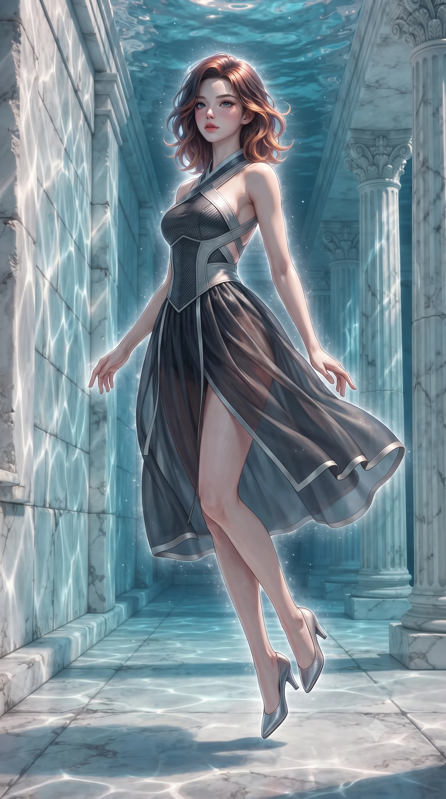 score_9, masterpiece, best quality, ultra-detailed, high-budget anime keyframe, editorial fashion photography, tasteful artistic composition, Korean woman. low angle full-body shot from head to toe showing her feet, filling the entire 9:16 vertical frame with her statuesque presence, stretching her vertical silhouette. navigating the luminous space with effortless poise, displaying her perfect model proportions floating gracefully through a sunken white marble colonnade underwater, shimmering water reflections dancing dynamically across the marble walls. She has an absolutely perfect, statuesque 8.5-heads proportion, an exceptionally tall and slender model-like female figure with impossibly long slender legs and an ultra-slim waist. sharp v-shaped jawline, high-bridge nose, intricate jewel-like eyes with depth, thick eyelashes, glossy lips with a natural sheen. wearing a modern fusion silk hanbok dress with a structured bodice in charcoal grey and platinum, made of fine carbon-fiber weave and soft matte leather, complemented by criss-cross back straps highlighting her bare shoulders, the sleek second-skin texture accentuating her magnetic presence. surrounded by a shimmering ocean aura with bright pearl-white rim lights. highly saturated vibrant anime colors, detailed shading with soft gradients, rich glossy textures, high-contrast stereoscopic depth, volumetric dynamic lighting, master piece, 9:16 ratio