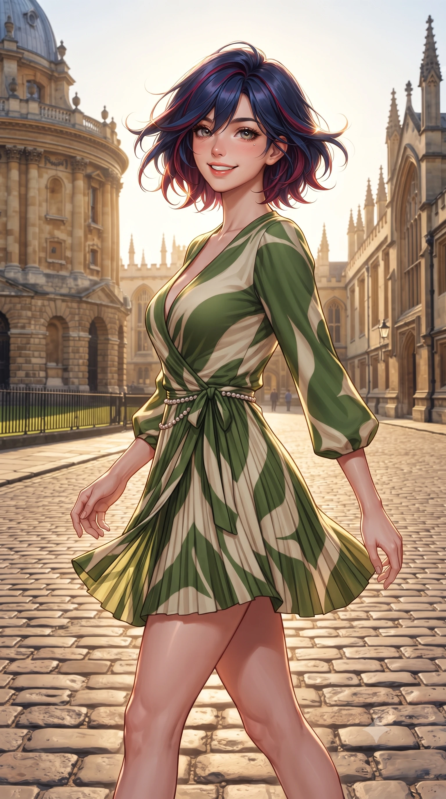 score_9, masterpiece, best quality, ultra-detailed, high-budget anime keyframe, editorial fashion photography, tasteful artistic composition, Korean woman. close-up cowboy shot from the waist and thighs up, the character dominates the composition, filling the frame with her large presence. turning playfully with a bright confident smile, her glossy hair tossing in the breeze as her hips angle gracefully in a captivating contrapposto while walking across the ancient Radcliffe square cobblestones, twisting her slender torso in an alluring S-curve as her pleated skirt sways around her long slender legs. The surrounding environment is rendered in vivid detail and crisp panoramic clarity. detailed pastel tweed weave, sunburst glints on hair, and Oxford university architecture in high clarity. She has an exceptionally elegant, slender, and willowy female figure with an ultra-slim waist, flat toned midriff, narrow ribcage, and sculpted feminine hips creating an alluring, slim hourglass silhouette without bulk. sharp v-shaped jawline, high-bridge nose, intricate jewel-like sparkling eyes with depth, thick eyelashes, glossy parted lips with a natural peach sheen, bright cheerful beaming smile with an enchanting and coquettish sensual glint, exuding both youthful cute charm and seductive allure, flawlessly proportioned anatomical accuracy, strict slender model proportions, natural body alignment, perfectly sculpted long slender limbs, ultra-slim waistline, clean dynamic posture without body distortion. wearing a breezy wrap mini dress with a deep V-neckline and tie-waist accentuating her sculpted flat midriff and hips in matcha green and warm ivory, crafted from liquid-tight stretch jersey emphasizing every curve, accented with a dainty pearl waist chain catching the ambient sunlight, the glove-like silhouette tightly following the natural contour of her hips and long slender legs with youthful 8.5-heads elegance. bathed in brilliant golden afternoon English sunshine casting long elegant shadows. ultra-reflective glossy finish, specular highlights, rich textural contrasts, high-contrast stereoscopic depth, volumetric dynamic lighting, 2k, ultra detail, master piece, 9:16 ratio