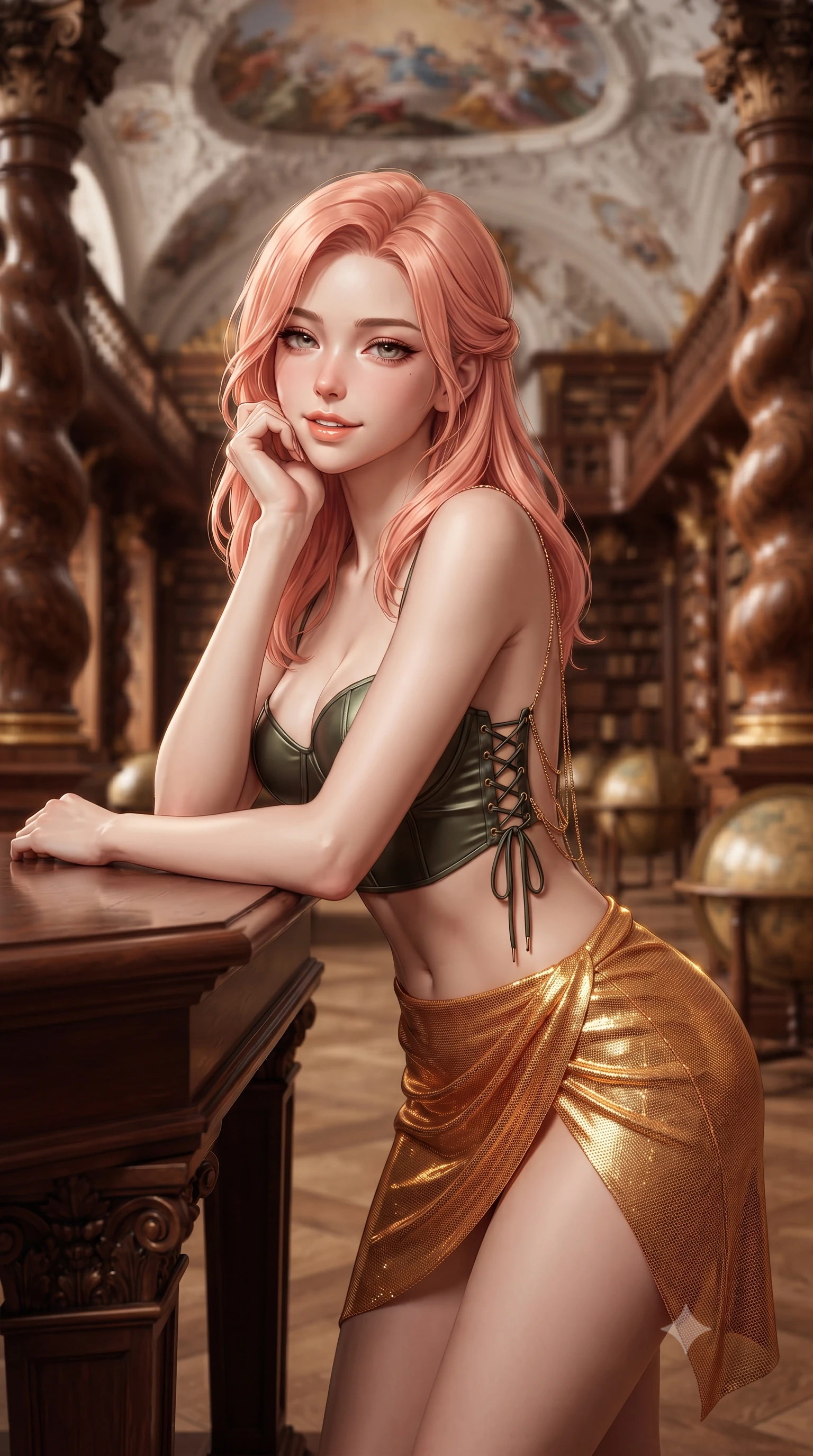 score_9, masterpiece, best quality, ultra-detailed, high-budget anime keyframe, editorial fashion photography, tasteful artistic composition, Japanese woman. close-up cowboy shot from the waist and thighs up, the character dominates the composition, filling the frame with her large presence. resting one elbow on the table and supporting her chin, leaning close to the camera with heavy-lidded sparkling eyes and parted lips while standing poised between monumental spiral carved oak book pillars beneath soaring illusionistic Baroque ceiling frescoes, arching her lower back with aristocratic allure. The background shows a soft-focus infinite tiers of gold-tooled leather book spines, monumental gilded globes, and painted Baroque sky vaults blurred into amber, cream, and mahogany bokeh. She has an exceptionally elegant, slender, and willowy female figure with an ultra-slim waist, flat toned midriff, narrow ribcage, and sculpted feminine hips creating an alluring, slim hourglass silhouette without bulk. sharp v-shaped jawline, high-bridge nose, intricate jewel-like sparkling eyes with depth, thick eyelashes, glossy parted lips with a natural peach sheen, bright cheerful beaming smile with an enchanting and coquettish sensual glint, exuding both youthful cute charm and seductive allure, flawlessly proportioned anatomical accuracy, strict slender model proportions, natural body alignment, perfectly sculpted long slender limbs, ultra-slim waistline, clean dynamic posture without body distortion. wearing a sculpted satin underwire crop bustier with lace-up side ties paired with a micro skirt in Tuscan cypress dark olive and sunset amber gold, crafted from stretch micro-mesh with liquid foil coating that shimmers with every movement, accented with an open-back drape framed by falling strands of delicate gold chains, the high-slit wrap tailoring accentuating her ultra-slim waistline and the enchanting curve of her feminine hips with alluring seductive charm. illuminated by polished wood reflection fill and sharp honey-gold rim lights defining her razor-sharp jawline, narrow waist, and curvy hips. ultra-reflective glossy finish, specular highlights, rich textural contrasts, high-contrast stereoscopic depth, volumetric dynamic lighting, 2k, ultra detail, master piece, 9:16 ratio