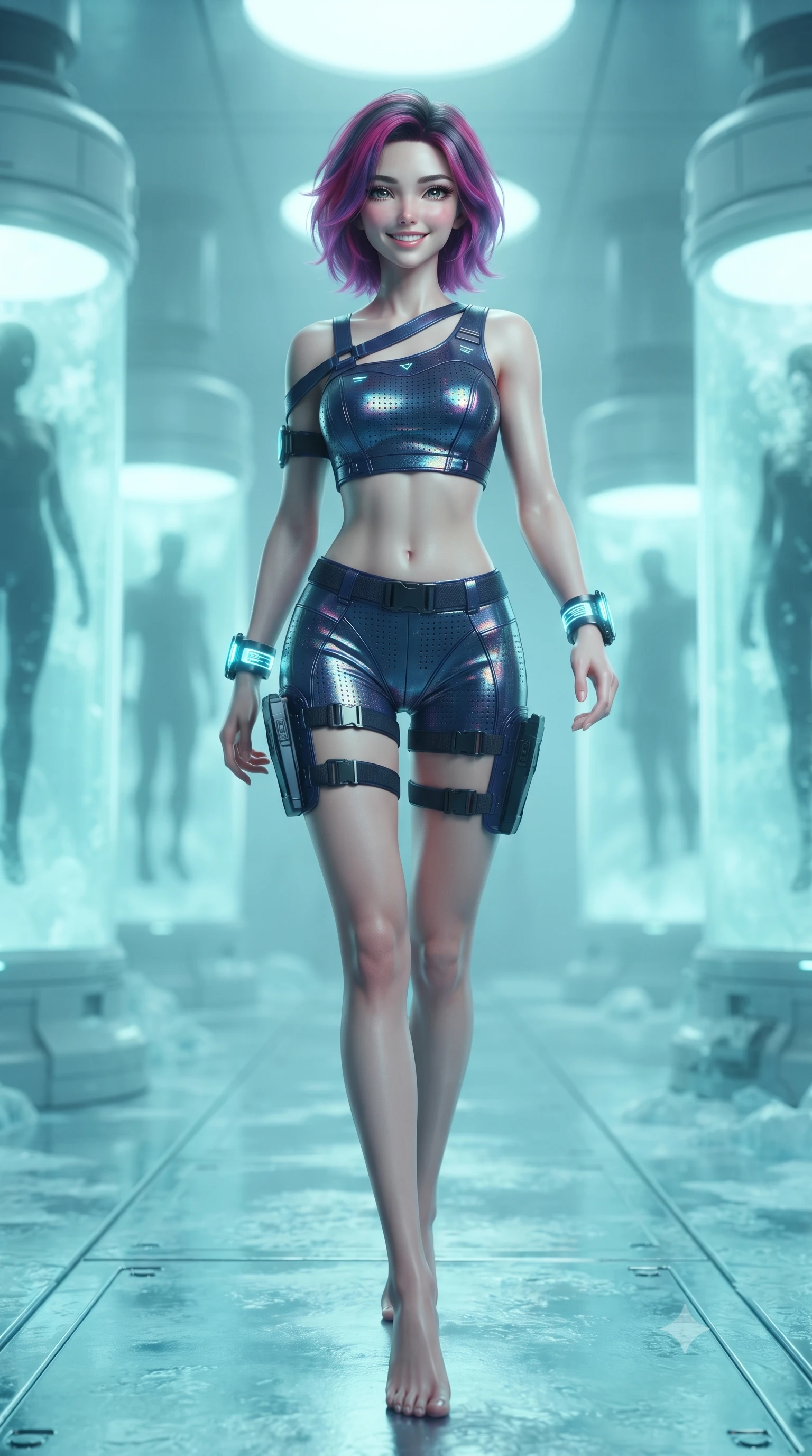 score_9, masterpiece, best quality, ultra-detailed, high-budget anime keyframe, editorial fashion photography, tasteful artistic composition, Caucasian woman. low angle full-body shot from head to toe showing her feet, filling the entire 9:16 vertical frame with her statuesque presence, stretching her vertical silhouette. striding forward gracefully across the reflective metal deck in mid-motion with a radiant beaming smile, hips swaying in an alluring kinetic rhythm that accentuates her curvy hourglass silhouette and long slender legs while sitting gracefully on the frozen metal walkway edge with legs crossed, her form-contouring thermal suit radiating captivating allure. The background shows a soft-focus cylindrical vertical cryo-pods with suspended silhouettes and drifting ice vapors blurred into glacial cyan, cobalt, and frosty pearl bokeh. She has an absolutely perfect, statuesque 8.5-heads proportion, an exceptionally tall and slender model-like female figure with impossibly long slender legs, an ultra-slim waist, a flat toned midriff, narrow delicate ribcage, and beautifully sculpted feminine hips creating a graceful, slim hourglass silhouette without any bulky heaviness. sharp v-shaped jawline, high-bridge nose, intricate jewel-like sparkling eyes with depth, thick eyelashes, glossy parted lips with a natural sheen, bright confident smile with an enchanting and coquettish sensual glint, exuding both youthful magnetic charm and sovereign high-tech allure, flawlessly proportioned anatomical accuracy, strict slender model proportions, natural body alignment, perfectly sculpted long slender limbs, ultra-slim waistline, clean dynamic posture without body distortion. wearing a high-tech mechanic crop top with asymmetric shoulder straps paired with ultra-fitted tactical hot-pants and thigh holsters in midnight navy blue and holographic iridescent shimmer, made of high-grade ballistic nylon with precision laser-cut perforations, featuring sleek glowing cyan HUD display wrist cuffs with floating data telemetry, the aerodynamic second-skin silhouette tightly following the natural contour of her hips and long slender legs with youthful 8.5-heads elegance. bathed in soft icy cyan and pale aquamarine glow emitted from stasis pod interiors. ultra-reflective glossy finish, specular highlights, rich textural contrasts, high-contrast stereoscopic depth, volumetric dynamic lighting, 2k, ultra detail, master piece, 9:16 ratio