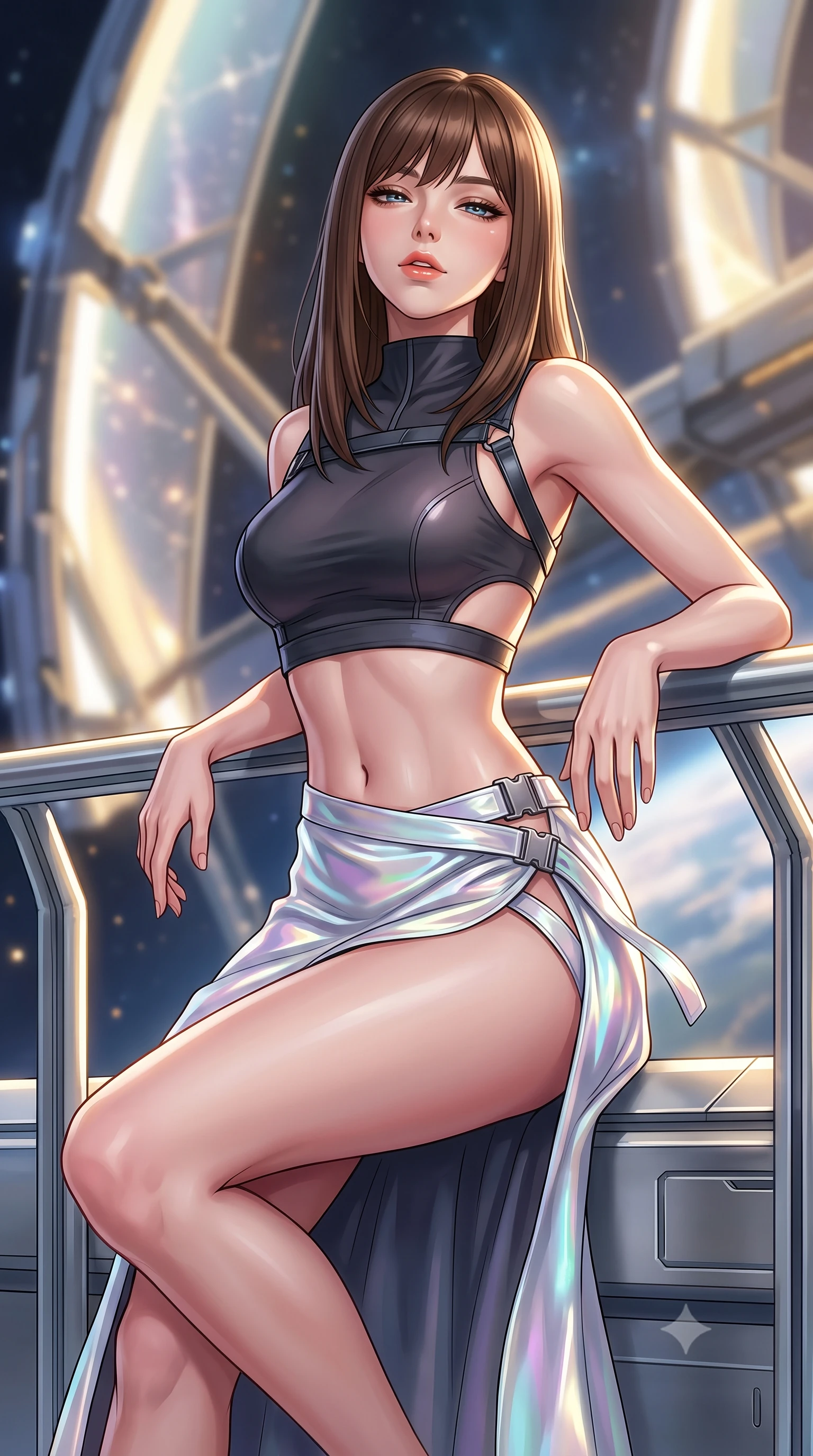 score_9, masterpiece, best quality, ultra-detailed, high-budget anime keyframe, semi-realistic 3D game render, editorial fashion photography, tasteful artistic composition, Korean woman. close-up cowboy shot from the waist and thighs up, the character dominates the composition, filling the frame with her large presence. leaning back against the balustrade with relaxed seductive grace, head tilted back slightly while casting a hypnotic, heavy-lidded gaze while sitting poised on the titanium sensor housing with one knee bent, arching her back with playful combat charisma and parted glossy lips. The background shows a soft-focus vacuum solar radiation shimmer softened in orbital mirror station shallow focus. She has an exceptionally elegant, slender, and willowy female figure with an ultra-slim waist, flat toned midriff, narrow ribcage, and sculpted feminine hips creating an alluring, slim hourglass silhouette without bulk. sharp v-shaped jawline, high-bridge nose, intricate jewel-like sparkling eyes with depth, thick eyelashes, glossy parted lips with a natural peach sheen, bright cheerful beaming smile with an enchanting and coquettish sensual glint, exuding both youthful cute charm and seductive allure, flawlessly proportioned anatomical accuracy, strict slender model proportions, natural body alignment, perfectly sculpted long slender limbs, ultra-slim waistline, clean dynamic posture without body distortion. wearing an alluring tactical crop top with asymmetrical side-rib cutouts and high-neck collar paired with a high-slit wrap skirt in iridescent mother-of-pearl and liquid molten silver, crafted from fluid liquid silk satin that clings smoothly to her narrow waist and rounded hips with a dewy sheen, finished with sleek magnetic buckle closures fluttering in the breeze, the precision-cut side openings and low-back scoop framing her graceful spine and the sensual sweep of her slim, toned hips. illuminated by gold mirror reflection bounce and sharp solar-gold rim lights sculpting her jawline, narrow waist, and curvy hips. highly saturated vibrant anime colors, detailed shading with soft gradients, rich glossy textures, high-contrast stereoscopic depth, volumetric dynamic lighting, master piece, 9:16 ratio