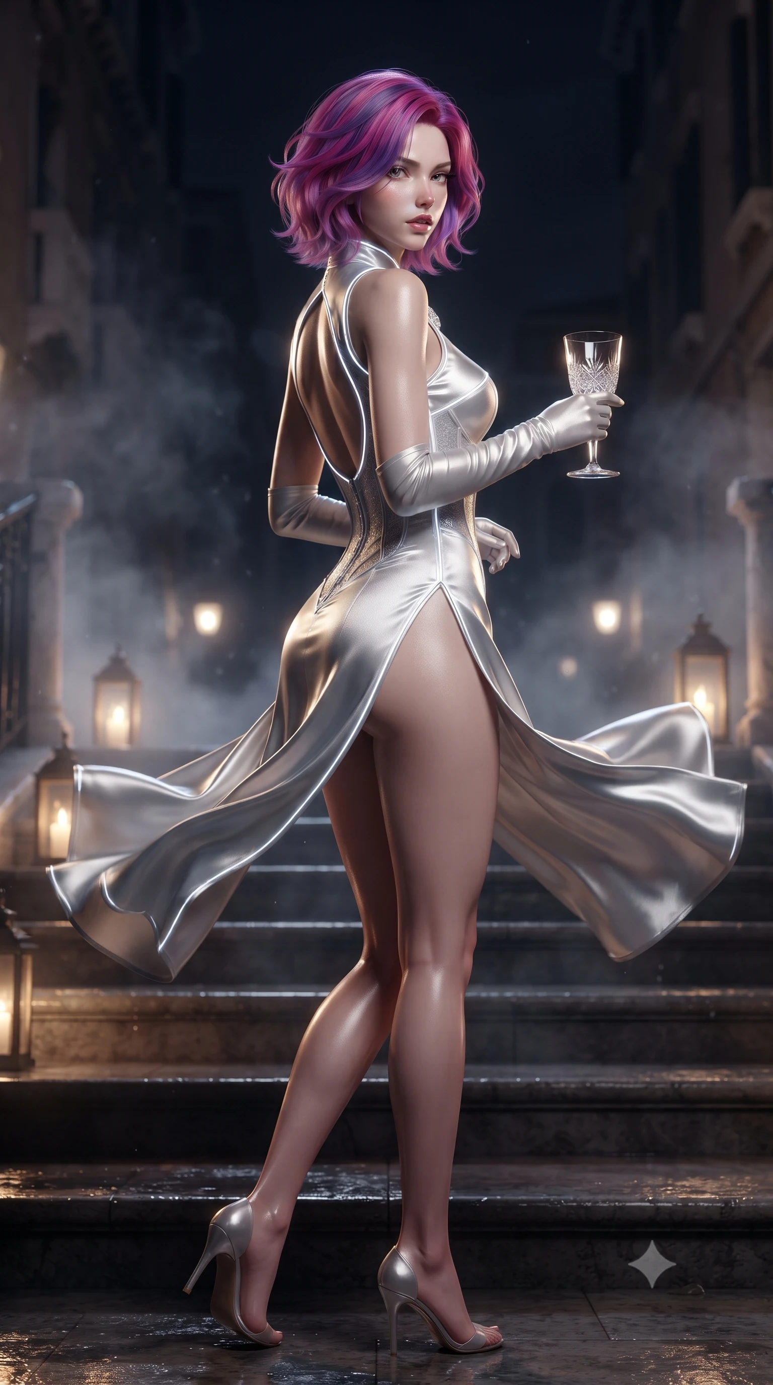 score_9, masterpiece, best quality, ultra-detailed, high-budget anime keyframe, editorial fashion photography, tasteful artistic composition, Caucasian woman. low angle full-body shot from head to toe showing her feet, filling the entire 9:16 vertical frame with her statuesque presence, stretching her vertical silhouette. executing an elegant mid-motion pivot turn as garments swirl around her slender limbs, glancing over her shoulder with an intoxicating bedroom-gaze while gliding down the grand palace water steps with supermodel poise, her liquid dress clinging to her narrow waist and rounded hips in the moonlight. The composition keeps background elements in soft focus with creamy bokeh. swirling canal mist and flickering lantern glows softened in romantic shallow focus. She has an exceptionally tall and slender model-like 8.5-heads proportion, an ultra-slim waist, a flat toned midriff, narrow delicate ribcage, and beautifully sculpted feminine hips creating a graceful, slim hourglass silhouette without any bulky heaviness, with impossibly long slender legs. sharp v-shaped jawline, high-bridge nose, intricate jewel-like eyes with depth, thick eyelashes, glossy parted lips with a natural sheen, intensely captivating and seductive bedroom-eyes expression, flawlessly proportioned anatomical accuracy, strict slender model proportions, natural body alignment, perfectly sculpted long slender limbs, ultra-slim waistline, clean dynamic posture without body distortion. wearing a modernized cyber-qipao mini dress with an ultra-high side slit ascending to the hip and glowing piping in shimmering silver mercury and pearl white, made of fluid silk crepe with delicate inner corsetry boning, accessorized with opera-length satin gloves and a vintage crystal glass, the precision-cut side openings and low-back scoop framing her graceful spine and the sensual sweep of her slim, toned hips. illuminated by crisp specular highlights defining her slender neckline, ultra-slim waist, and curvy hips. ultra-reflective glossy finish, specular highlights, rich textural contrasts, high-contrast stereoscopic depth, volumetric dynamic lighting, 2k, ultra detail, master piece, 9:16 ratio