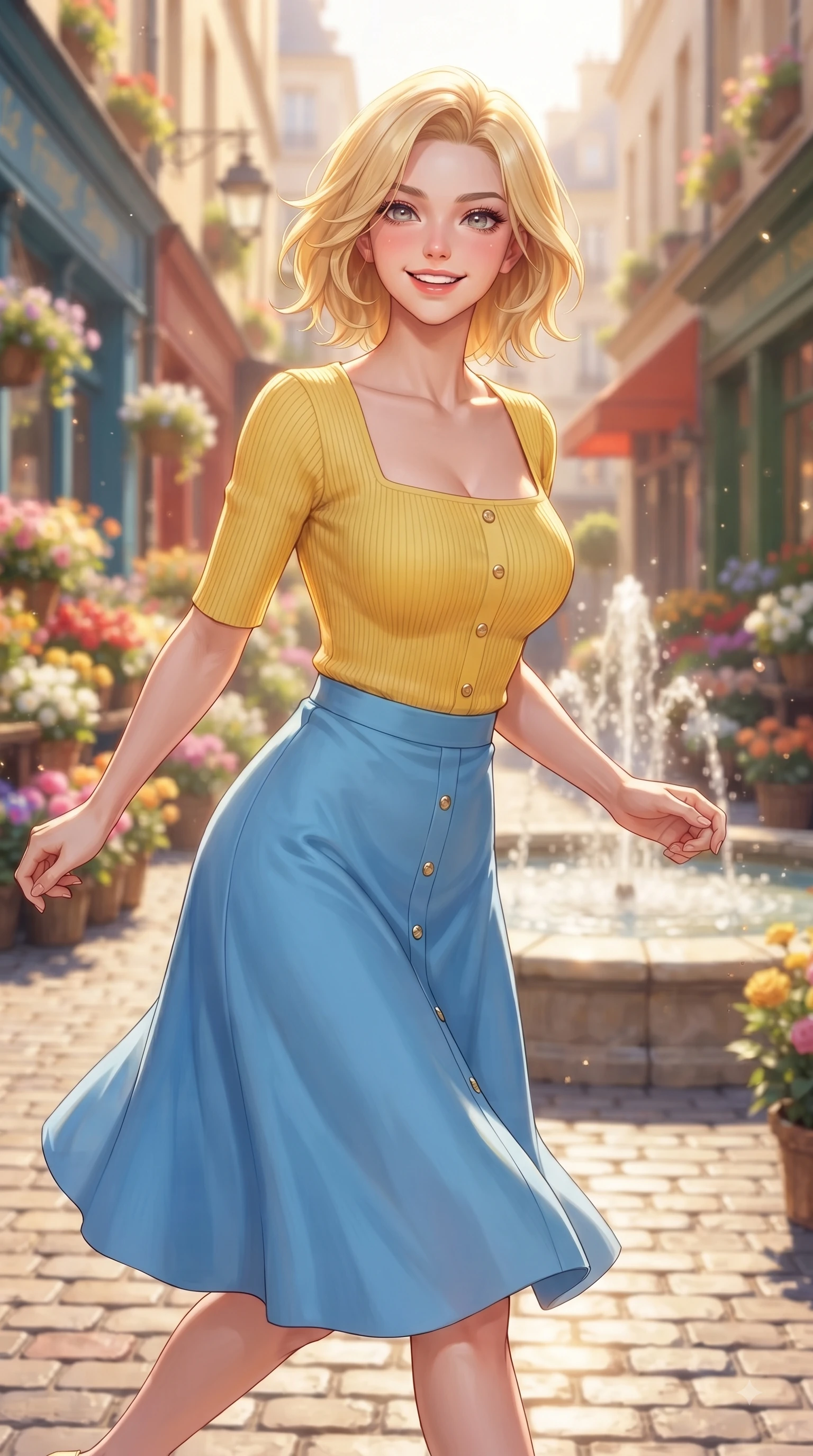 score_9, masterpiece, best quality, ultra-detailed, high-budget anime keyframe, editorial fashion photography, tasteful artistic composition, Caucasian woman. close-up cowboy shot from the waist and thighs up, the character dominates the composition, filling the frame with her large presence. Cheerful beaming smile with sparkling eyes and a fresh girlhood aura, leaning forward with playful grace while walking dynamically down a sun-drenched European cobblestone alley lined with flower shops. The composition keeps background elements in soft focus with dreamy bokeh. sunlit fountain water sprays and cobblestones softened in dreamy shallow focus. She has an exceptionally elegant, slender, and willowy female figure with an ultra-slim waist, a gracefully sculpted slender torso, and a refined silhouette. sharp v-shaped jawline, high-bridge nose, intricate jewel-like eyes with depth, thick eyelashes, glossy lips with a natural sheen, flawlessly proportioned anatomical accuracy, natural body alignment, perfectly sculpted elegant limbs, clean dynamic posture without body distortion. wearing a chic square-neck ribbed top paired with a flowing A-line midi skirt in sunny canary yellow and clear sky blue, made of premium stretch jersey that follows her curves like a glove, adorned with delicate gold buttons along the front, the elegant draped fit framing her graceful clavicle and slender torso. illuminated by clear sky refractions and vibrant specular highlights. ultra-reflective glossy finish, specular highlights, metallic sheen, high-contrast stereoscopic depth, volumetric dynamic lighting, 2k, ultra detail, master piece, 9:16 ratio