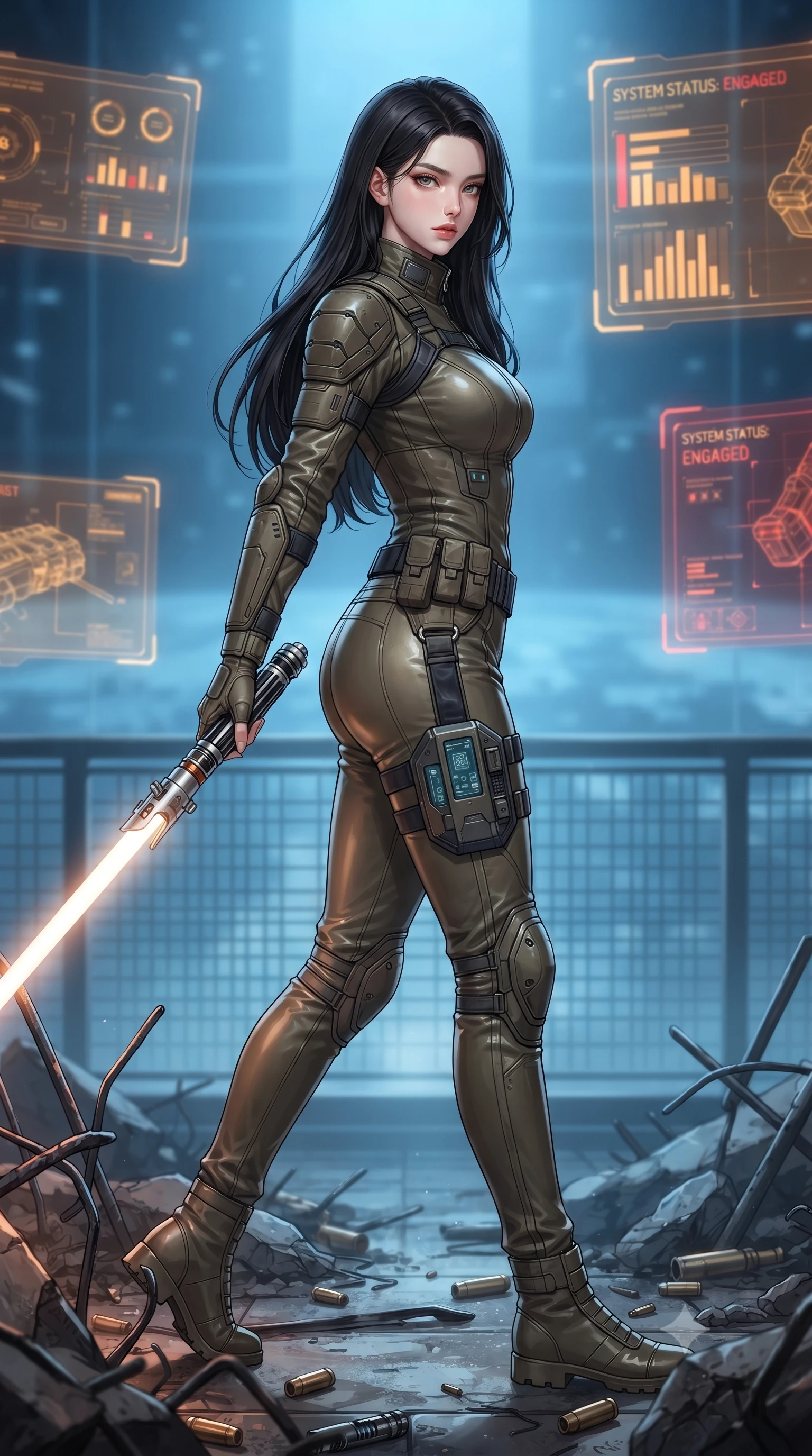score_9, masterpiece, best quality, ultra-detailed, high-budget anime keyframe, editorial fashion photography, tasteful artistic composition, Korean woman. low angle full-body shot from head to toe showing her feet, filling the entire 9:16 vertical frame with her statuesque presence, stretching her vertical silhouette. stepping gracefully through battlefield debris with a glowing saber hilt in hand, looking back over her shoulder, the background shows a soft-focus a tactical grid control balcony with glass panels showing status bar charts. She has an absolutely perfect, statuesque 8.5-heads proportion, an exceptionally tall and slender model-like female figure with impossibly long slender legs and an ultra-slim waist. sharp v-shaped jawline, high-bridge nose, intricate jewel-like eyes with depth, thick eyelashes, glossy lips with a natural sheen. wearing a body-hugging high-collared utility combat jumpsuit made of rugged olive-drab ballistic fabric with protective knee guards. soft amber screen glare contrasting with the cool blue simulation space. ultra-reflective glossy finish, specular highlights, metallic sheen, high-contrast stereoscopic depth, volumetric dynamic lighting, 2k, ultra detail, master piece, 9:16 ratio
