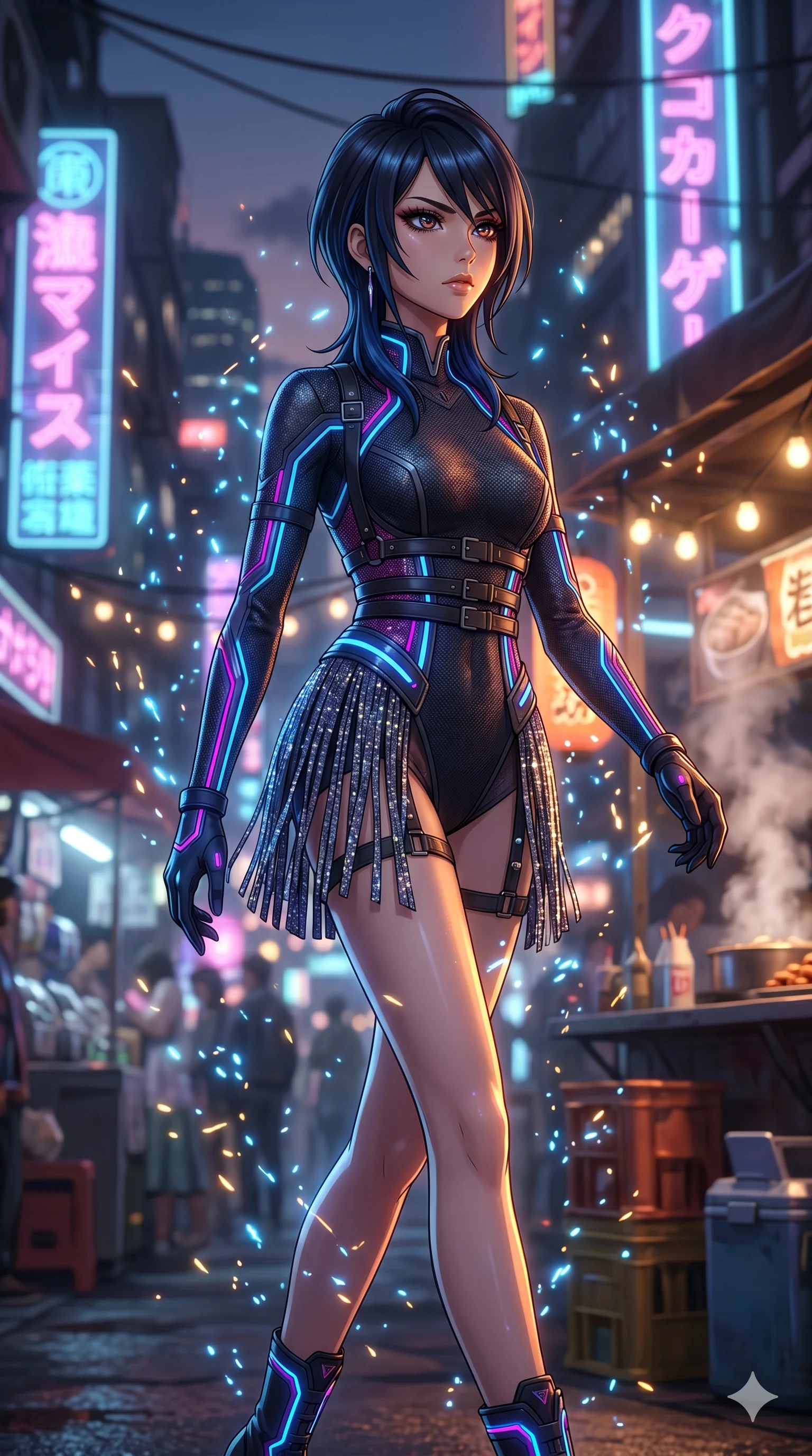 score_9, masterpiece, best quality, ultra-detailed, Set A: High-budget Anime Keyframe, Japanese woman. Upper body close-up from the thighs up, character filling the screen for maximum presence. Walking gracefully through a futuristic night market, with a look of intense determination reflecting the fires of 277 and surrounded by glowing energy sparks. She has an absolutely perfect 8-heads proportion, an exceptionally tall and slender female figure with impossibly long slender legs and an ultra-slim waist. Sharp v-shaped jawline, high-bridge nose, intricate jewel-like eyes with depth, thick eyelashes, glossy lips with a natural sheen. Wearing Cyberpunk idol stage outfit with glittery fringes, leather straps, and glowing LED accents. Cinematic lighting, vibrant colors, dramatic shadows, 2k, ultra detail, master piece, 9:16 ratio