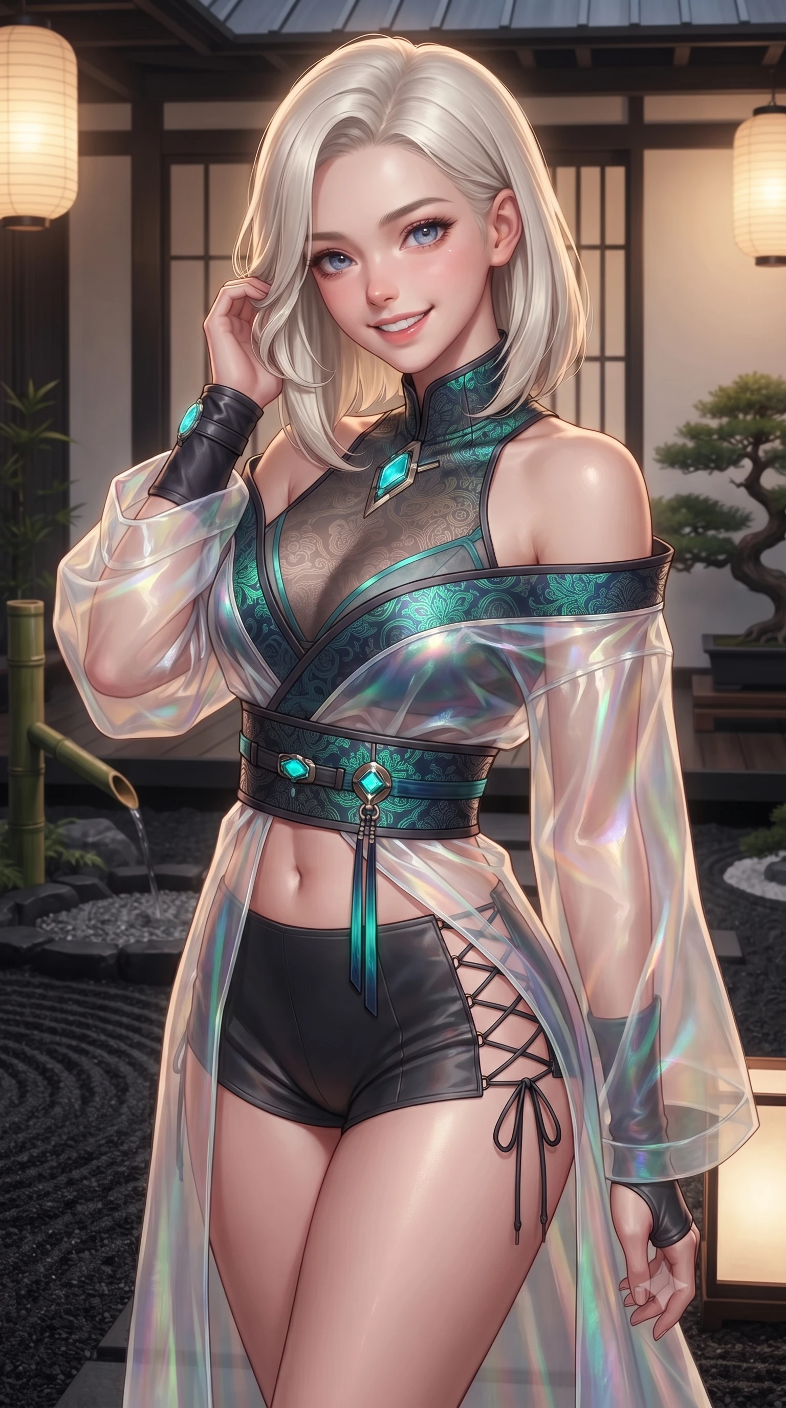 score_9, masterpiece, best quality, ultra-detailed, high-budget anime keyframe, editorial fashion photography, tasteful artistic composition, Caucasian woman. close-up cowboy shot from the waist and thighs up, the character dominates the composition, filling the frame with her large presence. gently brushing a lock of hair behind her ear while casting a playful, flirtatious side-gaze with long eyelashes while twisting her slender torso in an alluring S-curve beside the raked black stone garden, soft gold ambient lantern glows caressing her flat midriff and hourglass curves. The surrounding environment is rendered in vivid detail and crisp panoramic clarity: detailed high-neck cyber-kimono tailoring, luxurious silk brocade weave, and modern Japanese minimalist luxury in high resolution. She has an exceptionally elegant, slender, and willowy female figure with an ultra-slim waist, flat toned midriff, narrow ribcage, and sculpted feminine hips creating an alluring, slim hourglass silhouette without bulk. sharp v-shaped jawline, high-bridge nose, intricate jewel-like sparkling eyes with depth, thick eyelashes, glossy parted lips with a natural peach sheen, bright cheerful beaming smile with an enchanting and coquettish sensual glint, exuding both youthful cute charm and seductive allure, flawlessly proportioned anatomical accuracy, strict slender model proportions, natural body alignment, perfectly sculpted long slender limbs, ultra-slim waistline, clean dynamic posture without body distortion. wearing a translucent iridescent organza tactical robe slipping off bare shoulders over a matching satin micro-bralette and combat shorts in bioluminescent emerald and abyssal sapphire, crafted from translucent silk organza with an ethereal crystalline sheen, featuring fine criss-cross lace-up side ties revealing tantalizing glimpses of her hip curve, the glove-like clinging cut tightly following the natural contour of her hips and long slender legs with youthful 8.5-heads elegance. bathed in the warm radiant 2400K glow of concealed paper lanterns contrasted with subtle cyan cryo-vessel accent lights. ultra-reflective glossy finish, specular highlights, rich textural contrasts, high-contrast stereoscopic depth, volumetric dynamic lighting, 2k, ultra detail, master piece, 9:16 ratio