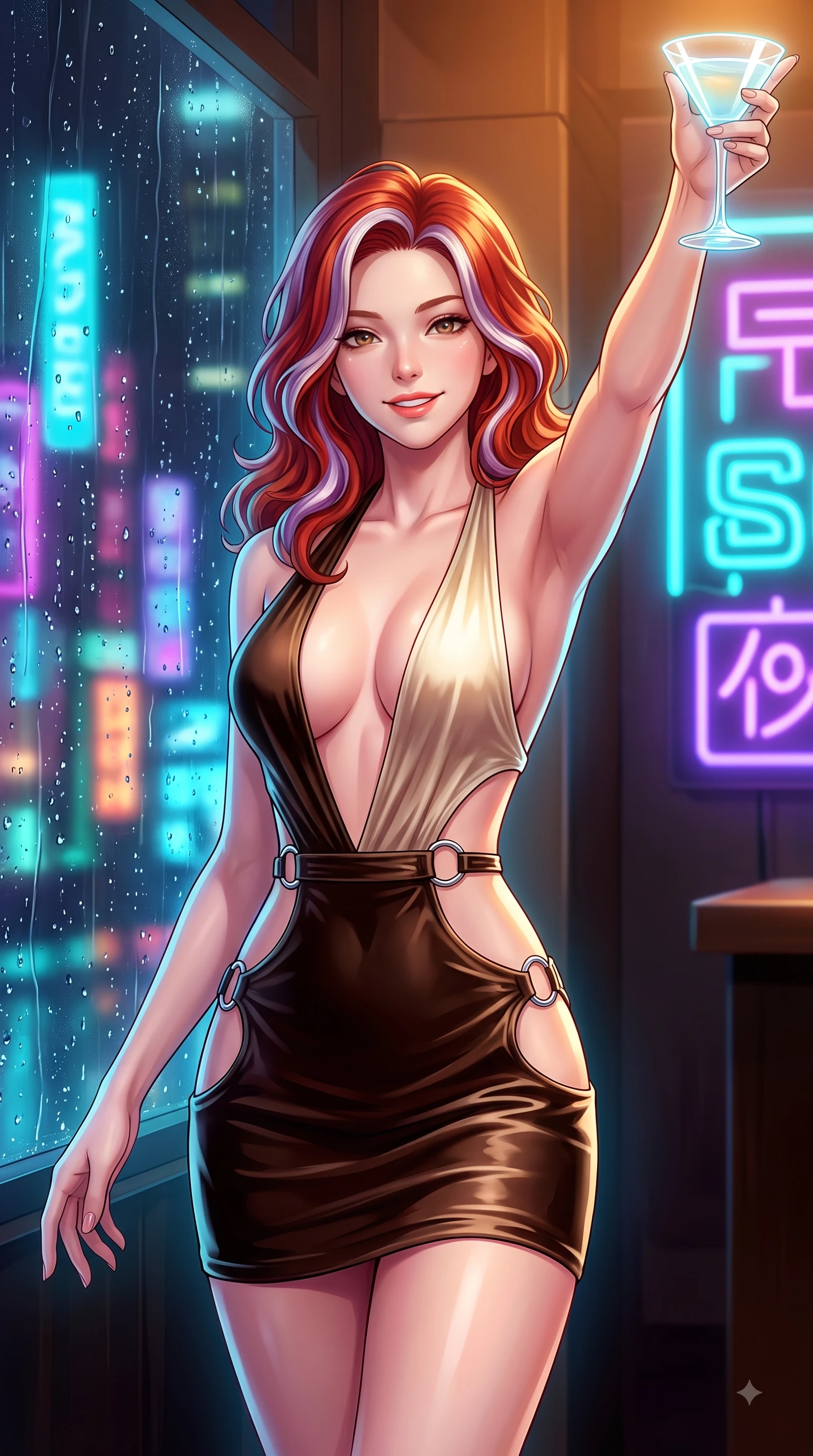 score_9, masterpiece, best quality, ultra-detailed, high-budget anime keyframe, editorial fashion photography, tasteful artistic composition, Caucasian woman. close-up cowboy shot from the waist and thighs up, the character dominates the composition, filling the frame with her large presence, background elements kept in soft focus. Extending one arm in an elegant stretch toward the light while smiling with magnetic self-assurance while holding a glowing translucent cocktail glass under vibrant cyan and purple neon signs at night, rain droplets glistening on the window glass with colorful neon city reflections. She has an exceptionally elegant, slender, and willowy female figure with an ultra-slim waist, a gracefully sculpted slender torso, and a refined silhouette. sharp v-shaped jawline, high-bridge nose, intricate jewel-like eyes with depth, thick eyelashes, glossy lips with a natural sheen, flawlessly proportioned anatomical accuracy, natural body alignment, perfectly sculpted elegant limbs, clean dynamic posture without body distortion. wearing a deep-scoop halter bodycon dress with hip cutouts connected by silver rings in espresso brown and warm cream, made of premium stretch velvet with a rich sheen, accented with delicate chrome ring hardware framing her waist, the glove-like fit emphasizing her statuesque silhouette during motion. illuminated by warm indoor bar amber light and cool rainy blue neon rim light. highly saturated vibrant anime colors, detailed shading with soft gradients, rich glossy textures, high-contrast stereoscopic depth, volumetric dynamic lighting, master piece, 9:16 ratio