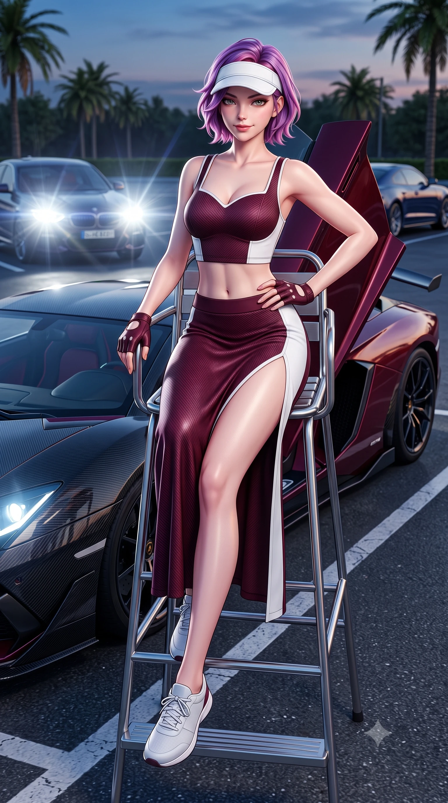 score_9, masterpiece, best quality, ultra-detailed, high-budget anime keyframe, semi-realistic 3D game render, editorial fashion photography, tasteful artistic composition, Caucasian woman. low angle full-body shot from head to toe showing her feet, filling the entire 9:16 vertical frame with her statuesque presence, stretching her vertical silhouette. sitting perched on the elevated umpire chair with legs crossed and hips angled toward the camera, displaying her toned midriff and long slender limbs with joyful, coquettish charm while leaning against the scissor door of a customized supercar with hips cocked back, looking into the lens with an intoxicating, confident smirk. The surrounding environment is rendered in vivid detail and crisp panoramic clarity: sharp titanium exhaust tip heat-burn discoloration, glossy car paint reflections, and asphalt parking bay line clarity in deep focus. She has an absolutely perfect, statuesque 8.5-heads proportion, an exceptionally tall and slender model-like female figure with impossibly long slender legs, an ultra-slim waist, a flat toned midriff, narrow delicate ribcage, and beautifully sculpted feminine hips creating a graceful, slim hourglass silhouette without any bulky heaviness. sharp v-shaped jawline, high-bridge nose, sparkling eyes with athletic focus and depth, thick curled eyelashes, glossy parted lips with a natural coral-peach sheen, bright confident and coquettish smile with alluring bedroom-eyes, exuding both youthful sporty vigor and sovereign high-society glamour, flawlessly proportioned anatomical accuracy, strict slender model proportions, natural body alignment, perfectly sculpted long slender limbs, ultra-slim waistline, clean dynamic posture without body distortion. wearing a sweetheart-neckline athletic tennis bustier top paired with a curve-hugging high-slit track maxi skirt in rich burgundy wine and crisp court white, tailored from lightweight aerodynamic carbon-fiber composite with structured weave, accented with a sporty retro tennis visor and fingerless leather driving gloves, the form-fitting tailored bodice adhering flawlessly to her sculpted flat midriff and slender torso, emphasizing her long leg lines and perfectly proportioned willowy build. illuminated by high-beam headlight flares and sharp chrome rim lights sculpting her razor-sharp jawline, narrow waist, and curvy hips. highly saturated vibrant anime colors, detailed shading with soft gradients, rich glossy textures, high-contrast stereoscopic depth, volumetric dynamic lighting, master piece, 9:16 ratio