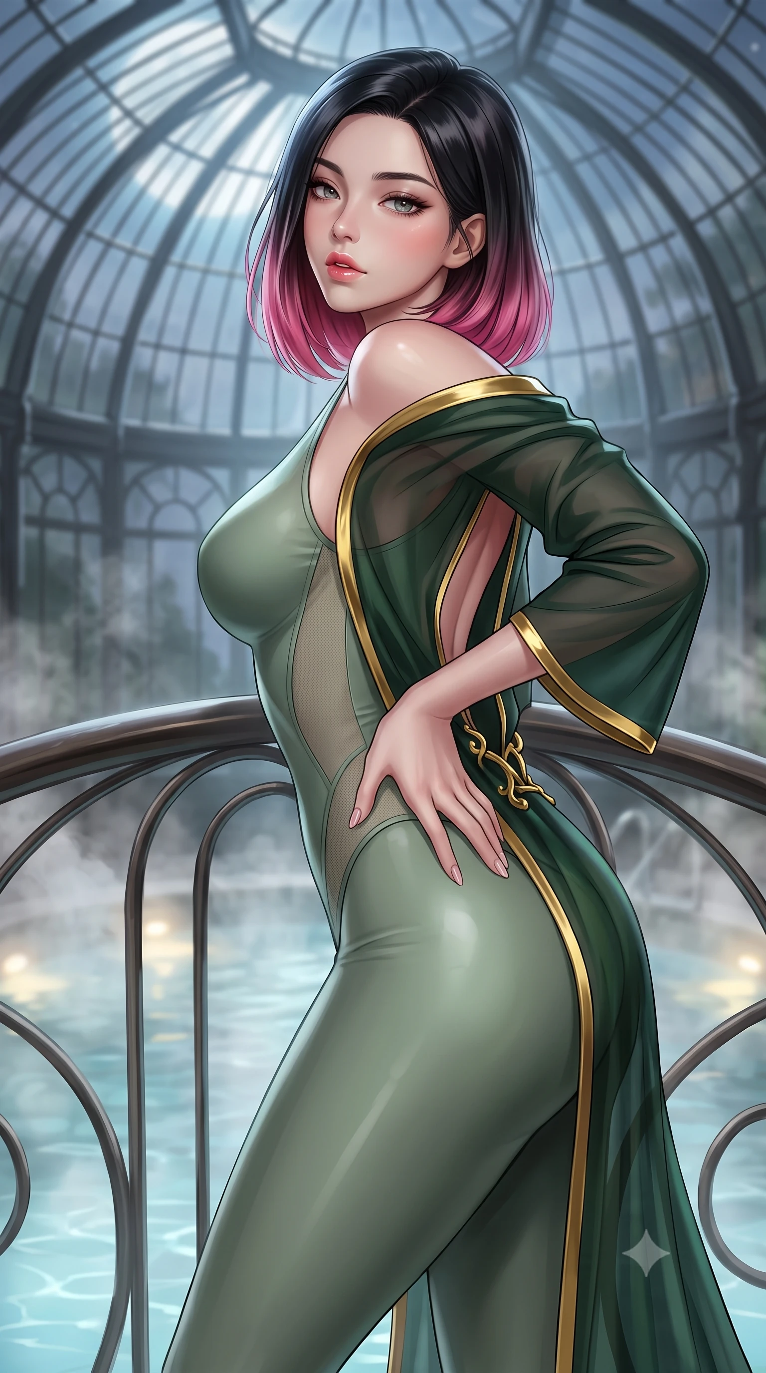 score_9, masterpiece, best quality, ultra-detailed, high-budget anime keyframe, semi-realistic 3D game render, editorial fashion photography, tasteful artistic composition, Korean woman. close-up cowboy shot from the waist and thighs up, the character dominates the composition, filling the frame with her large presence. resting one manicured hand delicately on her hip bone, her upper body turning in a fluid, seductive S-curve while parted lips glisten in the light while leaning forward over the curved iron glasshouse railing with hips cocked back, looking back over her bare shoulder with sun-dazed bedroom-eyes. The composition keeps background elements in soft focus with creamy bokeh. steaming pool water vapors and curved Victorian iron ribs softened in dreamy shallow focus. She has an exceptionally elegant, slender, and willowy female figure with an ultra-slim waist, a gracefully sculpted slender torso, toned flat midriff, and rounded feminine hips creating an alluring hourglass silhouette. sharp v-shaped jawline, high-bridge nose, intricate jewel-like eyes with depth, thick eyelashes, glossy parted lips with a natural sheen, intensely captivating and seductive bedroom-eyes expression, flawlessly proportioned anatomical accuracy, strict slender model proportions, natural body alignment, perfectly sculpted long slender limbs, ultra-slim waistline, clean dynamic posture without body distortion. wearing a second-skin sage-green compression bodysuit with sheer mesh side contours and an airy resort robe in dark forest green and liquid gold trim, made of sheer contouring power-mesh panels with anatomical curve lines, finished with a dramatic open back secured by golden vine clasps, the glove-like aerodynamic silhouette tightly following the natural contour of her hips and long slender legs with statuesque precision. bathed in cool silver moonlight filtering through the glass dome and warm underwater pool uplights. highly saturated vibrant anime colors, detailed shading with soft gradients, rich glossy textures, high-contrast stereoscopic depth, volumetric dynamic lighting, master piece, 9:16 ratio