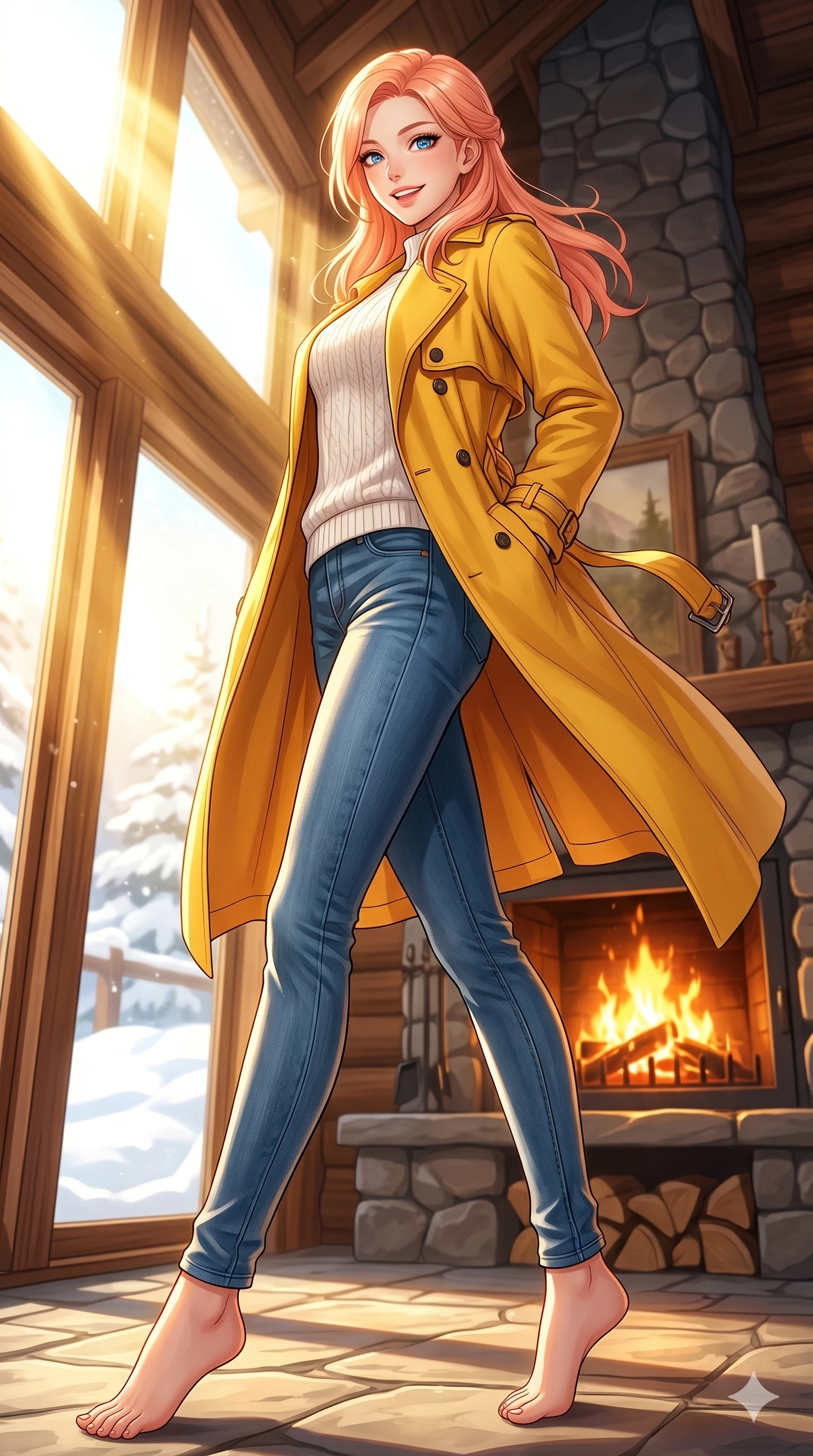 score_9, masterpiece, best quality, ultra-detailed, high-budget anime keyframe, vibrant anime aesthetic, Japanese woman. low angle full-body shot from head to toe showing her feet, filling the entire 9:16 vertical frame with her statuesque presence, stretching her vertical silhouette. She is leaning back with a radiant smile, looking over her shoulder with lively confidence by a cozy fireplace inside a mountain lodge cabin, where warm flames crackle softly (Code-P21-002). She has an absolutely perfect 8-heads proportion, an exceptionally tall and slender female figure with impossibly long slender legs and an ultra-slim waist. V-shaped jawline, high-bridge nose, intricate jewel-like eyes with depth, thick eyelashes, glossy lips with a natural sheen. wearing a bright yellow trench coat over a white cotton sweater and denim jeans. She is drenched in bright, golden winter sunshine reflecting off the white snow. 2k, ultra detail, master piece, 9:16 ratio