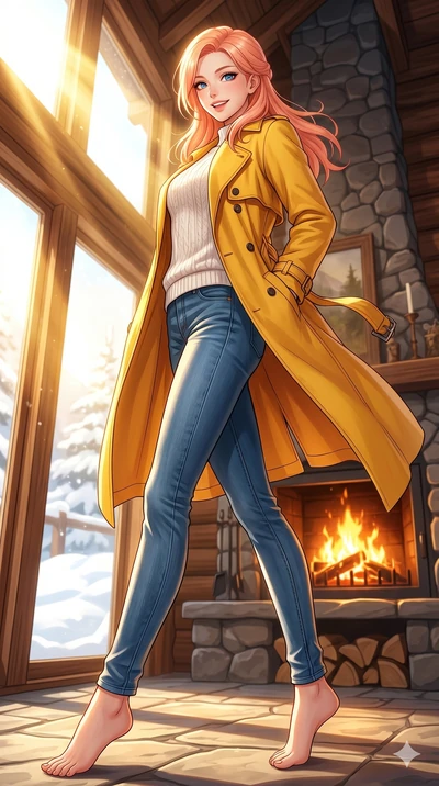 score_9, masterpiece, best quality, ultra-detailed, high-budget anime keyframe, vibrant anime aesthetic, Japanese woman. low angle full-body shot from head to toe showing her feet, filling the entire 9:16 vertical frame with her statuesque presence, 