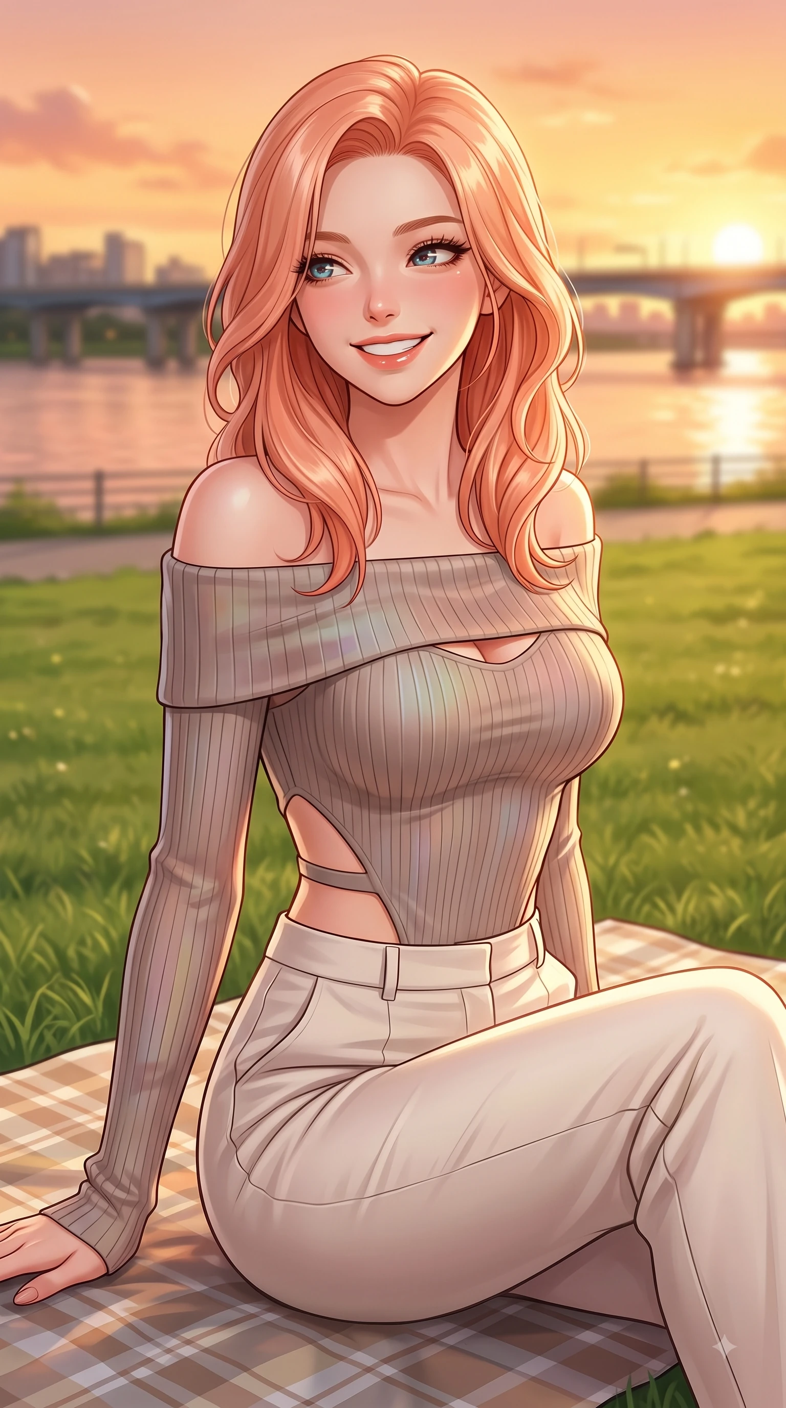 score_9, masterpiece, best quality, ultra-detailed, high-budget anime keyframe, editorial fashion photography, tasteful artistic composition, Japanese woman. close-up cowboy shot from the waist and thighs up, the character dominates the composition, filling the frame with her large presence, background elements kept in soft focus. Radiant youthful grin reflecting college charm while casting a playful, joyful side-gaze with heavy lashes while sitting playfully on a checkered picnic mat on a green riverfront park lawn at sunset, warm rose-gold and amber sunset light reflecting off calm river waters and city bridges. She has an exceptionally elegant, slender, and willowy female figure with an ultra-slim waist, a gracefully sculpted slender torso, and a refined silhouette. sharp v-shaped jawline, high-bridge nose, intricate jewel-like eyes with depth, thick eyelashes, glossy lips with a natural sheen, flawlessly proportioned anatomical accuracy, natural body alignment, perfectly sculpted elegant limbs, clean dynamic posture without body distortion. wearing a sleek off-shoulder ribbed knit top paired with high-waist tailored pants in muted taupe and soft ivory, crafted from iridescent chiffon that shifts colors in the light, featuring clean architectural cutouts along her slender torso, the elegant draped fit framing her graceful clavicle and slender torso. bathed in glorious golden hour sunset sunbeams and warm amber sky radiance. highly saturated vibrant anime colors, detailed shading with soft gradients, rich glossy textures, high-contrast stereoscopic depth, volumetric dynamic lighting, master piece, 9:16 ratio