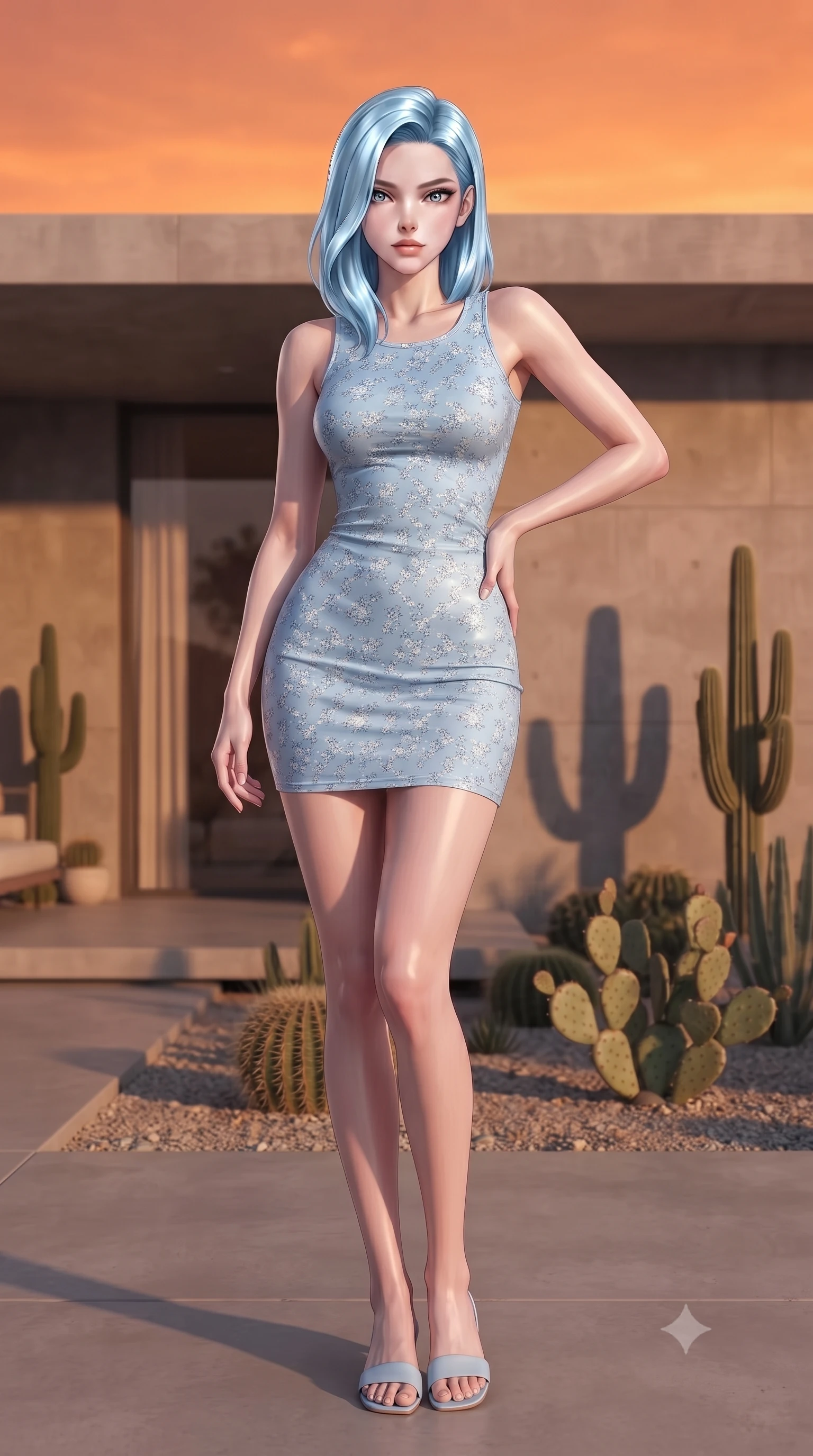 score_9, masterpiece, best quality, ultra-detailed, high-budget anime keyframe, editorial fashion photography, tasteful artistic composition, Korean woman woman. low angle full-body shot from head to toe showing her feet, filling the entire 9:16 vertical frame with her statuesque presence, stretching her vertical silhouette. posing confidently with one hand on her hip, stretching her statuesque body to emphasize her curves the background shows a soft-focus a patio of a modern concrete villa in the desert, with minimalist cacti landscaping. She has an absolutely perfect, statuesque 8.5-heads proportion, an exceptionally tall and slender model-like female figure with impossibly long slender legs and an ultra-slim waist. sharp v-shaped jawline, high-bridge nose, intricate jewel-like eyes with depth, thick eyelashes, glossy lips with a natural sheen. wearing a body-hugging floral print summer dress in baby blue with a simple round neck. the dramatic orange glow of a desert sunset casting long shadows of the cacti. ultra-reflective glossy finish, specular highlights, metallic sheen, high-contrast stereoscopic depth, volumetric dynamic lighting, 2k, ultra detail, master piece, 9:16 ratio