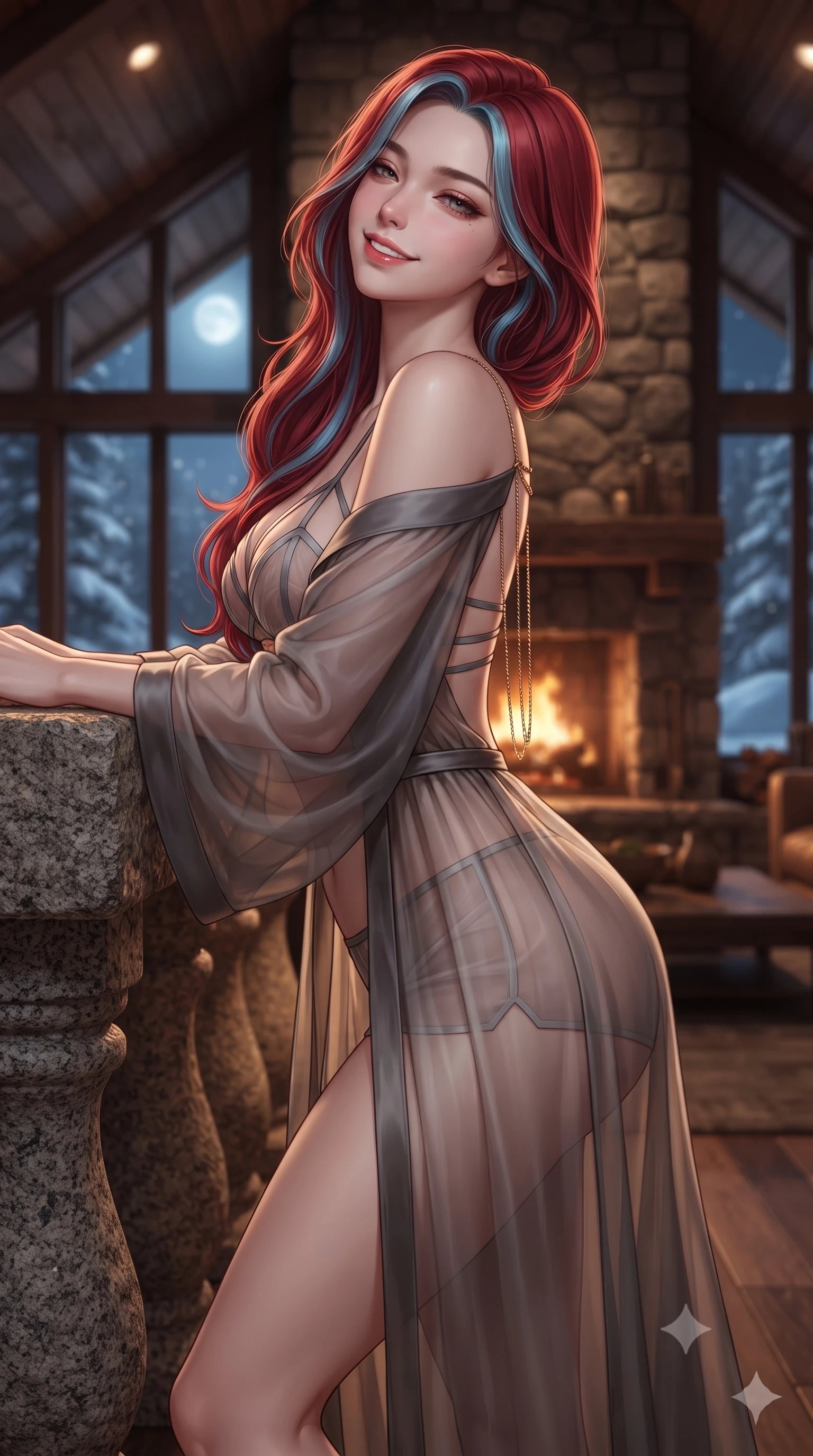 score_9, masterpiece, best quality, ultra-detailed, high-budget anime keyframe, editorial fashion photography, tasteful artistic composition, Caucasian woman. close-up cowboy shot from the waist and thighs up, the character dominates the composition, filling the frame with her large presence. leaning back against the balustrade with relaxed seductive grace, head tilted back slightly while casting a hypnotic, heavy-lidded gaze while standing poised before the massive rough-hewn granite fireplace, arching her lower back as dancing log fire ribbons illuminate her silhouette. The background shows a soft-focus roaring flames in the monumental stone hearth, floor-to-ceiling panoramic glass windows framing moonlit snow drifts, and timber vaulted ceiling blurred into amber, cream, and charcoal bokeh. She has an exceptionally elegant, slender, and willowy female figure with an ultra-slim waist, flat toned midriff, narrow ribcage, and sculpted feminine hips creating an alluring, slim hourglass silhouette without bulk. sharp v-shaped jawline, high-bridge nose, intricate jewel-like sparkling eyes with depth, thick eyelashes, glossy parted lips with a natural peach sheen, bright cheerful beaming smile with an enchanting and coquettish sensual glint, exuding both youthful cute charm and seductive allure, flawlessly proportioned anatomical accuracy, strict slender model proportions, natural body alignment, perfectly sculpted long slender limbs, ultra-slim waistline, clean dynamic posture without body distortion. wearing an ethereal translucent silk chiffon yukata robe slipping off bare shoulders over a strappy underwire bralette and micro-shorts in Hollywood starlight platinum and smoky charcoal, made of sheer gossamer chiffon that drapes softly against skin with airy translucence, accented with an open-back drape framed by falling strands of delicate gold chains, the form-contouring silhouette accentuating her sculpted flat midriff, narrow delicate ribcage, and gracefully curvy hips with intoxicating allure. bathed in the rich chiaroscuro 2100K radiant glow of natural dancing hearth firelight mixed with cool snow reflection fill. ultra-reflective glossy finish, specular highlights, rich textural contrasts, high-contrast stereoscopic depth, volumetric dynamic lighting, 2k, ultra detail, master piece, 9:16 ratio