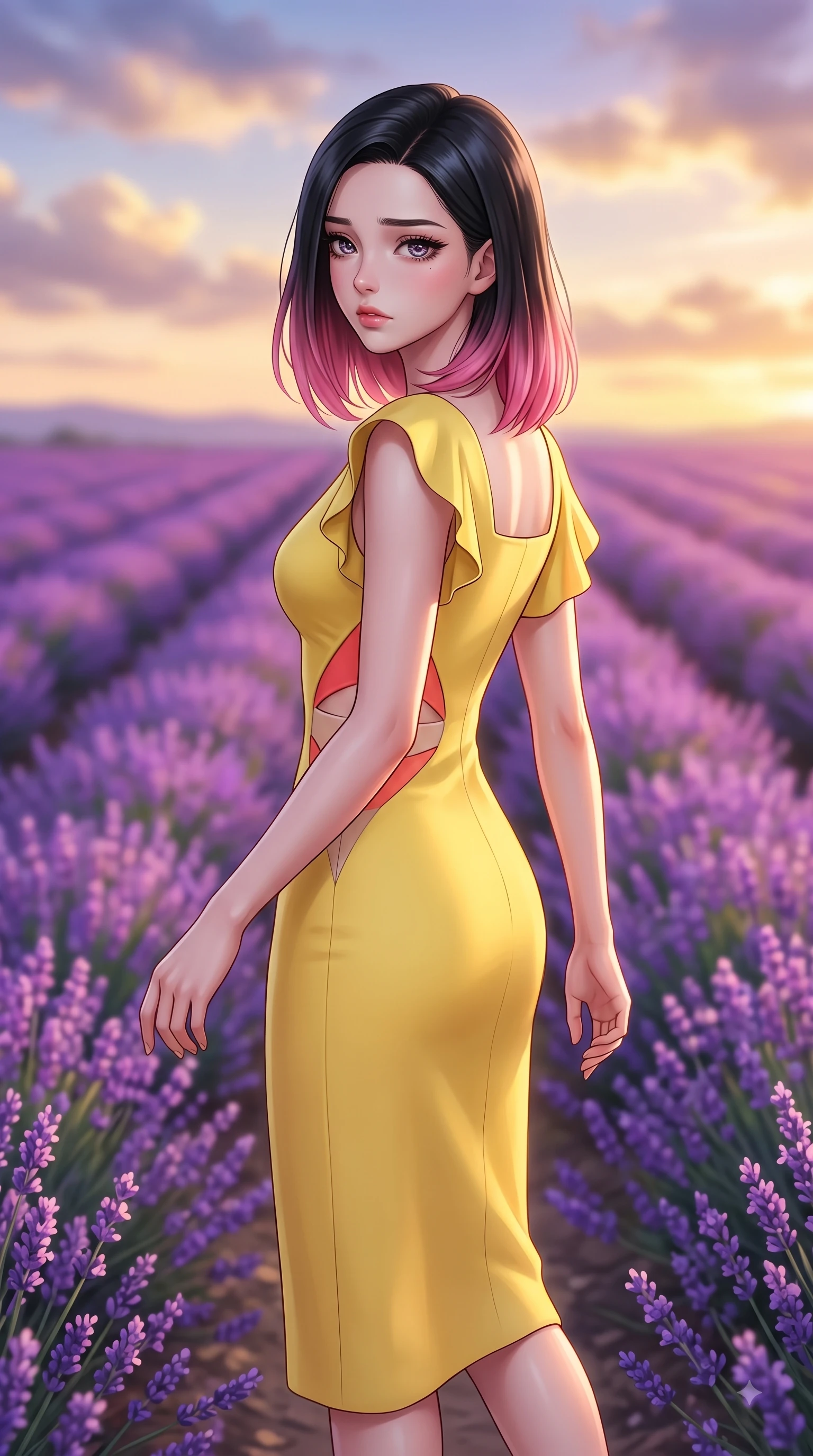 score_9, masterpiece, best quality, ultra-detailed, high-budget anime keyframe, editorial fashion photography, tasteful artistic composition, Korean woman. close-up cowboy shot from the waist and thighs up, the character dominates the composition, filling the frame with her large presence. Subtle lingering regret in her eyes, looking back over her shoulder with an emotional, reluctant glance while walking gracefully through an endless field of blooming purple lavender under a twilight sky. The composition keeps background elements in soft focus with dreamy bokeh. endless violet lavender rows and golden sunset clouds blurred into dreamy pastel bokeh. She has an exceptionally elegant, slender, and willowy female figure with an ultra-slim waist, a gracefully sculpted slender torso, and a refined silhouette. sharp v-shaped jawline, high-bridge nose, intricate jewel-like eyes with depth, thick eyelashes, glossy lips with a natural sheen, flawlessly proportioned anatomical accuracy, natural body alignment, perfectly sculpted elegant limbs, clean dynamic posture without body distortion. wearing a sleek daffodil yellow sleeveless knit midi dress with subtle side cutouts in vibrant coral red and soft beige, tailored from structured wool crepe with clean lines, featuring elegant flutter sleeves and a graceful square neckline, the chic fashion cut framing her graceful clavicle and slender torso. bathed in ethereal twilight glow and warm golden sunset horizon light. highly saturated vibrant anime colors, detailed shading with soft gradients, rich glossy textures, high-contrast stereoscopic depth, volumetric dynamic lighting, master piece, 9:16 ratio