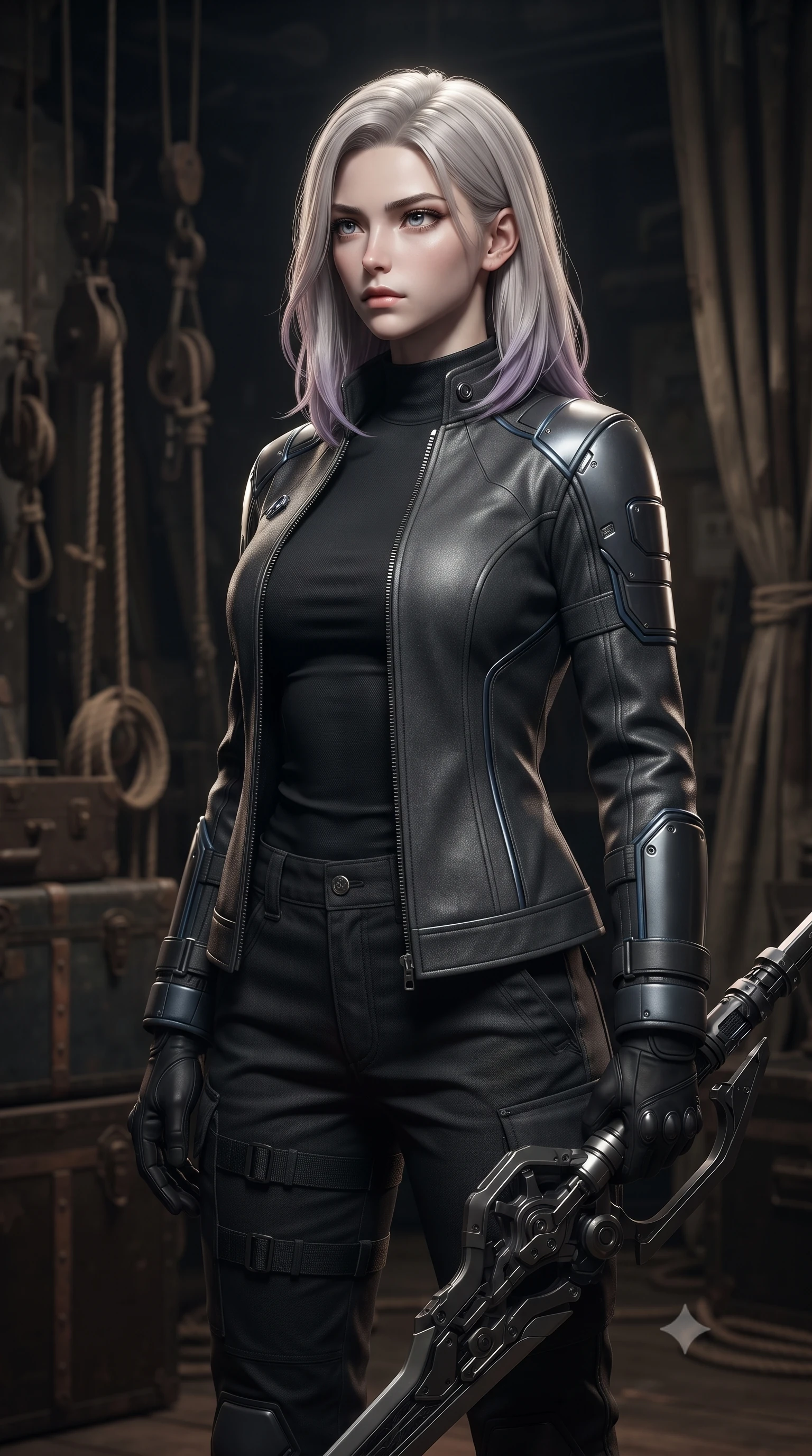 score_9, masterpiece, best quality, ultra-detailed, high-budget anime keyframe, editorial fashion photography, tasteful artistic composition, Caucasian woman. close-up cowboy shot from the waist and thighs up, the character dominates the composition, filling the frame with her large presence, background elements kept in soft focus. holding a deactivated nanotech glaive, looking past the camera with quiet, sharp focus and a composed expression, the background shows a soft-focus a vintage stage wing with wooden trunks, pulleys, and ropes in the dark. She has an exceptionally elegant, slender, and willowy female figure with an ultra-slim waist, a gracefully sculpted slender torso, and a refined silhouette. sharp v-shaped jawline, high-bridge nose, intricate jewel-like eyes with depth, thick eyelashes, glossy lips with a natural sheen. wearing a tailored heavy carbon-plated defender jacket with reinforced cuffs, worn over a black mock-neck shirt and utility trousers. dramatic chiaroscuro lighting focusing on her athletic, slender build. ultra-reflective glossy finish, specular highlights, metallic sheen, high-contrast stereoscopic depth, volumetric dynamic lighting, 2k, ultra detail, master piece, 9:16 ratio