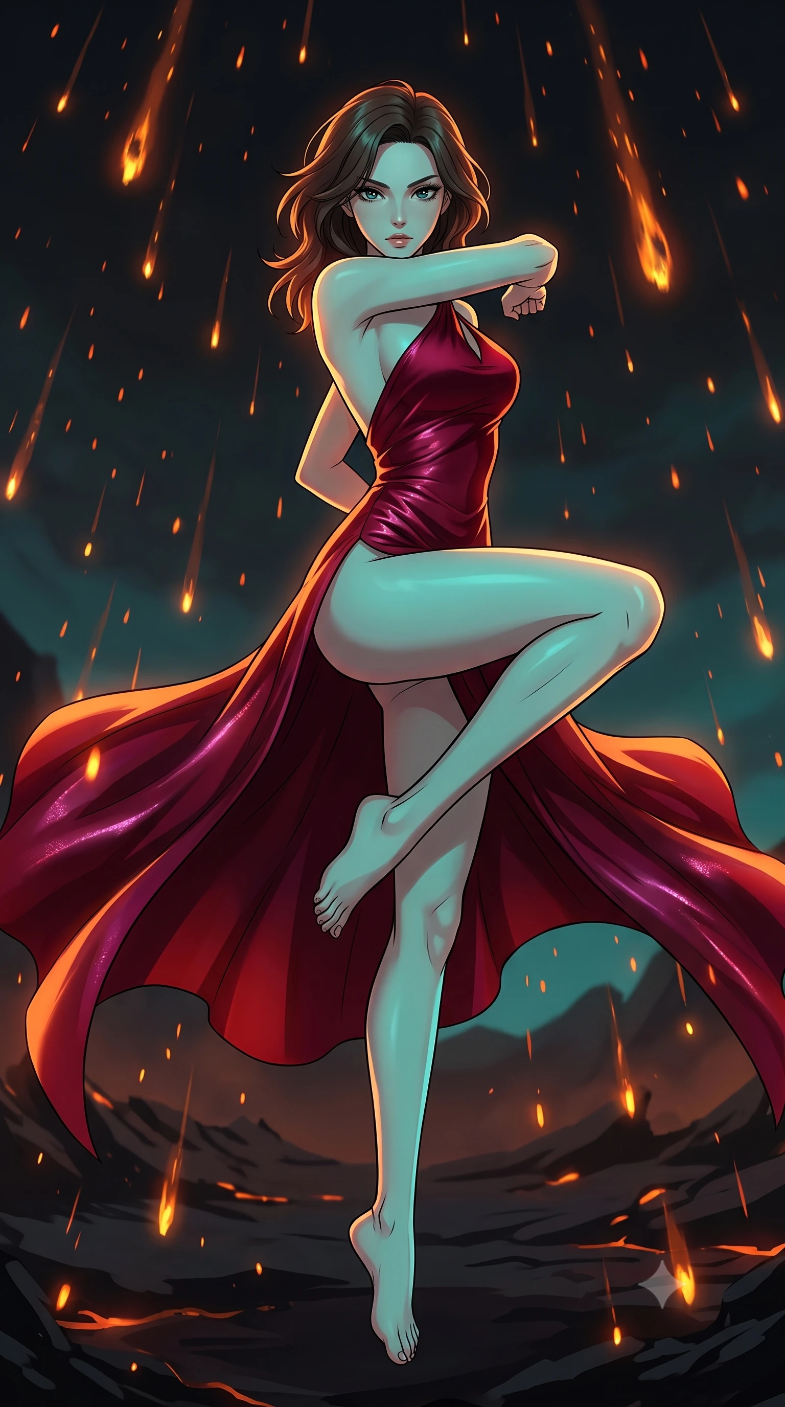 score_9, masterpiece, best quality, ultra-detailed, high-budget anime keyframe, clean line-art, cel-shading, Korean woman. low angle full-body shot from head to toe showing her feet, filling the entire 9:16 vertical frame with her statuesque presence, stretching her vertical silhouette. spinning mid-air with intense momentum to deliver a decisive strike within a dark volcanic ash field, with glowing volcanic embers raining down like a slow-motion meteor shower. She has a statuesque 8.5-heads proportion, an exceptionally tall, slender and willowy model-like build with impossibly long legs and a highly sculpted ultra-slim waist. sharp v-shaped jawline, high-bridge nose, intricate jewel-like eyes with depth, thick eyelashes, glossy lips with a natural sheen. wearing catching and diffusing the glowing particles, shimmering softly in response to the surrounding light, a slim-fit high-slit evening gown in deep crimson silk, featuring an asymmetric one-shoulder design and a bare back. warm amber rim lighting combined with cool teal fill light creating dramatic contrast. highly saturated vibrant anime colors, intense vivid color palette, volumetric dynamic lighting, 2k, ultra detail, master piece, 9:16 ratio