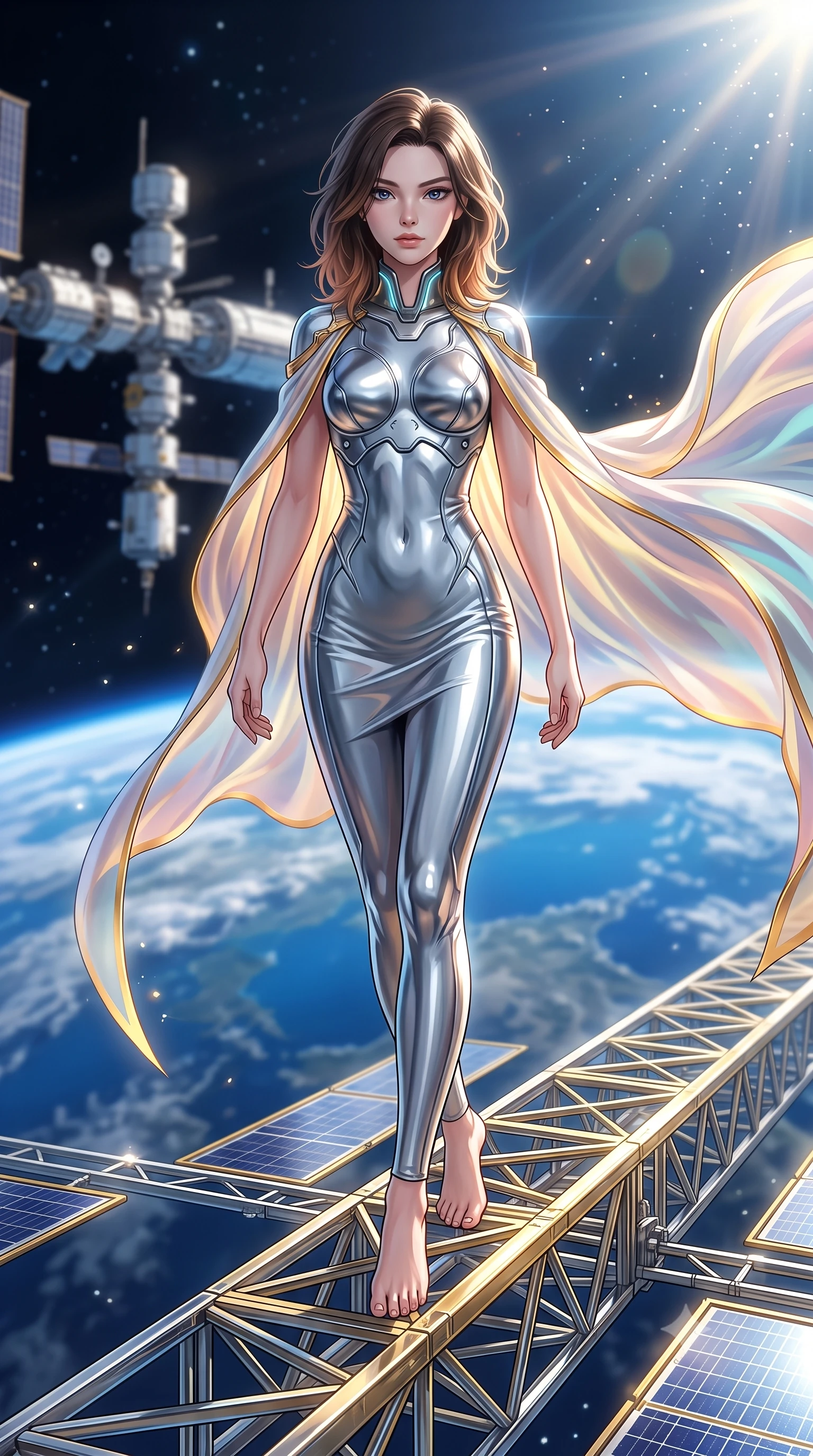 score_9, masterpiece, best quality, ultra-detailed, high-budget anime keyframe, semi-realistic 3D game render, editorial fashion photography, tasteful artistic composition, Korean woman. low angle full-body shot from head to toe showing her feet, filling the entire 9:16 vertical frame with her statuesque presence, stretching her vertical silhouette. striding forward with commanding supermodel grace, her 8.5-heads statuesque silhouette dominating the vertical frame from head to toe while standing poised on the gold and chrome solar array truss of a massive orbital space station overlooking planet Earth. The composition keeps background elements in soft focus with creamy bokeh. brilliant solar flare rays and starlight scattering radiant light motes across a deep space backdrop. She has an absolutely perfect, statuesque 8.5-heads proportion, an exceptionally tall and slender model-like female figure with impossibly long slender legs, a toned flat midriff, and an ultra-slim waist. sharp v-shaped jawline, high-bridge nose, intricate jewel-like eyes with depth, thick eyelashes, glossy lips with a natural sheen, flawlessly proportioned anatomical accuracy, strict slender model proportions, natural body alignment, perfectly sculpted long slender limbs, ultra-slim waistline, clean dynamic posture without body distortion. wearing a form-contouring white liquid-mercury gown with polished silver biomechanical breastplate and flowing luminescent chiffon cape in pristine liquid pearl white and radiant solar gold trim, made of smooth flowing silk chiffon that shifts colors with movement, featuring a sleek aerodynamic collar framed by subtle glowing cybernetic accents, the sleek second-skin cut tightly hugging her graceful clavicle, narrow waist, and feminine curves with athletic precision. bathed in dazzling high-noon orbital sunlight and rich blue planetary ambient bounce light. rich saturated anime colors with glowing neon highlights, detailed shading with soft gradients, rich glossy textures, high-contrast stereoscopic depth, volumetric dynamic lighting, master piece, 9:16 ratio