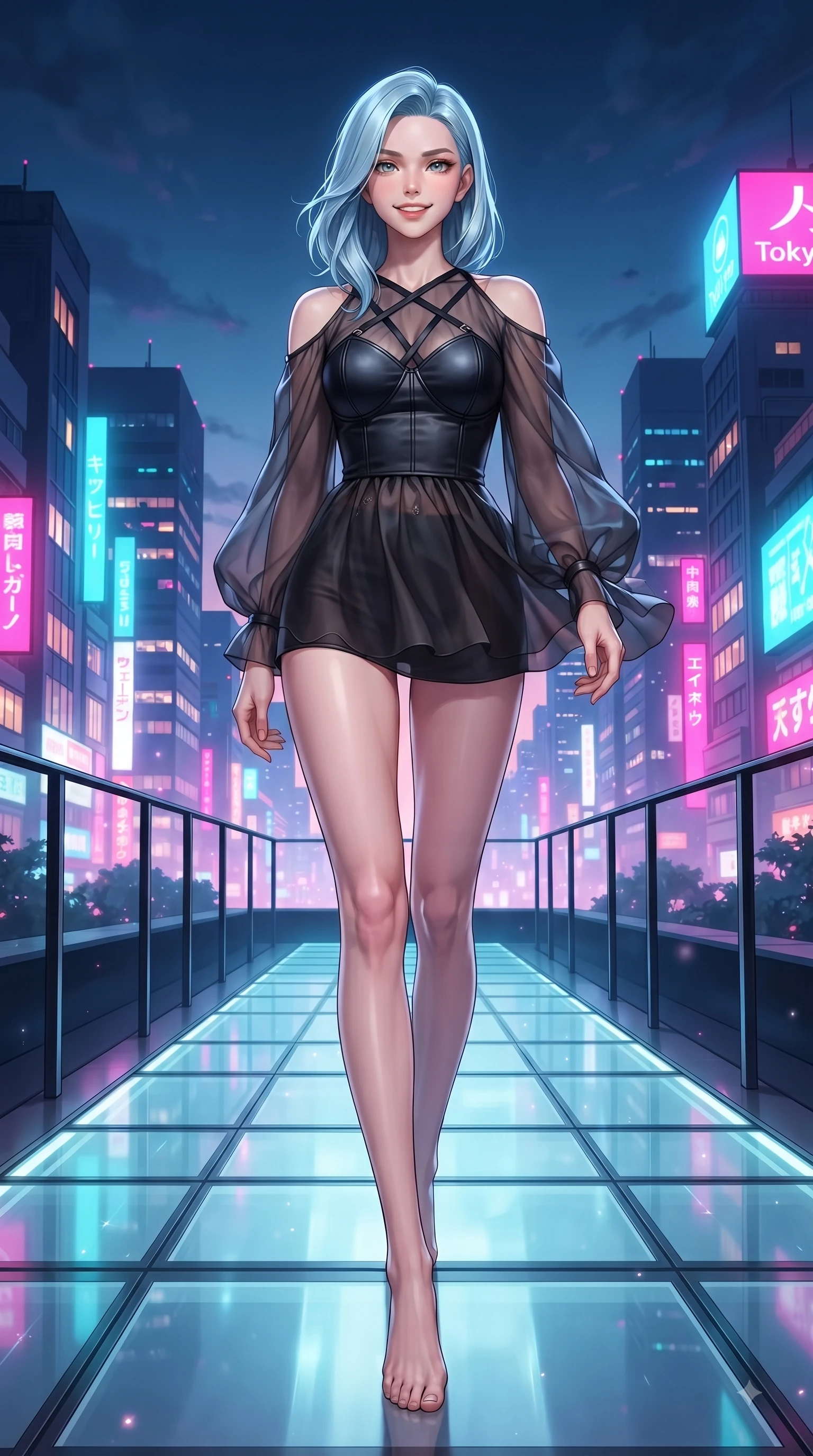 score_9, masterpiece, best quality, ultra-detailed, high-budget anime keyframe, editorial fashion photography, tasteful artistic composition, Korean woman. low angle full-body shot from head to toe showing her feet, filling the entire 9:16 vertical frame with her statuesque presence, stretching her vertical silhouette. forging dynamically through the scene with a fresh infectious smile, her ultra-slim waist creating a sweeping curve while walking down an illuminated glass runway under sleek fashion spotlights, cool evening breeze fluttering her chic trendy outfit into fluid motions. She has an absolutely perfect, statuesque 8.5-heads proportion, an exceptionally tall and slender model-like female figure with impossibly long slender legs and an ultra-slim waist. sharp v-shaped jawline, high-bridge nose, intricate jewel-like eyes with depth, thick eyelashes, glossy lips with a natural sheen, flawlessly proportioned anatomical accuracy, natural body alignment, perfectly sculpted elegant limbs, clean dynamic posture without body distortion. wearing a tailored leather bustier over a sheer silk chiffon blouse in matte black and polished silver, crafted from smooth liquid silk, complemented by criss-cross back straps highlighting her bare shoulders, the glove-like fit emphasizing her statuesque silhouette during motion. illuminated by vibrant neon skyline glow and clear specular rim highlights. ultra-reflective glossy finish, specular highlights, metallic sheen, high-contrast stereoscopic depth, volumetric dynamic lighting, 2k, ultra detail, master piece, 9:16 ratio