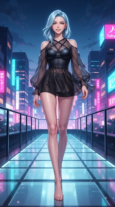 score_9, masterpiece, best quality, ultra-detailed, high-budget anime keyframe, editorial fashion photography, tasteful artistic composition, Korean woman. low angle full-body shot from head to toe showing her feet, filling the entire 9:16 vertical f