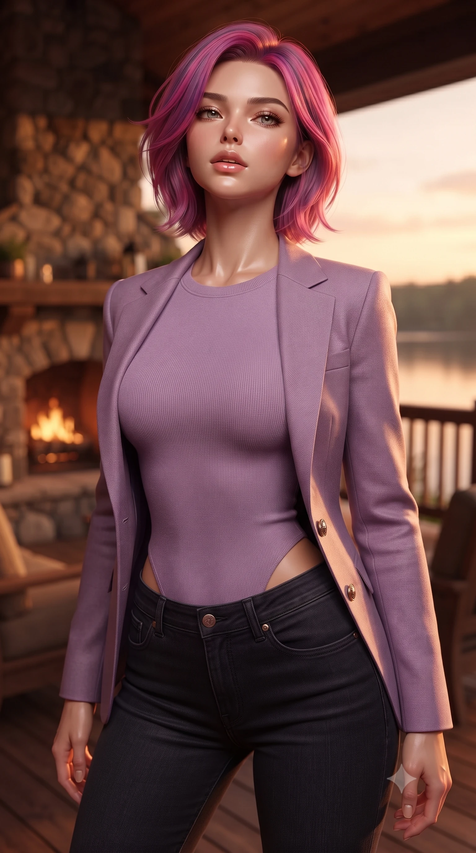score_9, masterpiece, best quality, ultra-detailed, high-budget anime keyframe, editorial fashion photography, tasteful artistic composition, Caucasian woman. close-up cowboy shot from the waist and thighs up, the character dominates the composition, filling the frame with her large presence, background elements kept in soft focus. tilting her chin up slightly with lips parted in a composed, provocative expression the background shows a soft-focus a rustic wood deck with a stone fireplace facing a lake in a private estate. She has an exceptionally elegant, slender, and willowy female figure with an ultra-slim waist, a gracefully sculpted slender torso, and a refined silhouette. sharp v-shaped jawline, high-bridge nose, intricate jewel-like eyes with depth, thick eyelashes, glossy lips with a natural sheen. wearing a tailored tight-fitting lavender knit bodysuit worn under a tailored open blazer and jeans. warm sunset light casting a peaceful, cozy orange wash on her figure. ultra-reflective glossy finish, specular highlights, metallic sheen, high-contrast stereoscopic depth, volumetric dynamic lighting, 2k, ultra detail, master piece, 9:16 ratio