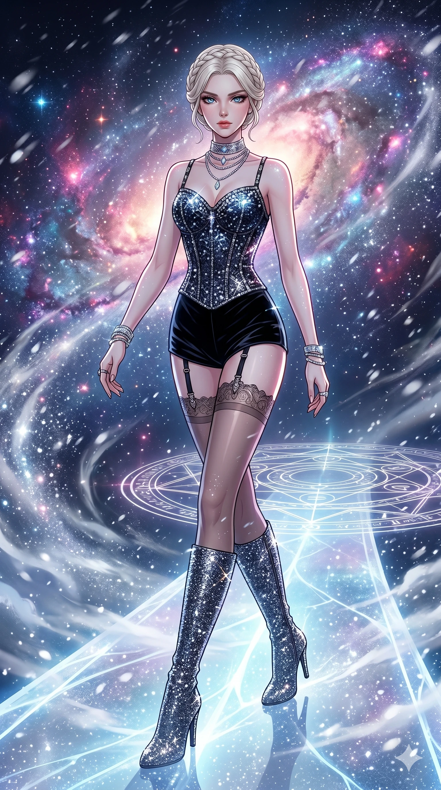 score_9, masterpiece, best quality, ultra-detailed, high-budget anime movie keyframe, cinematic anime lighting, intricate line art, Caucasian (strictly human ears) woman. Dynamic full-body shot stretching the vertical silhouette across the 9:16 frame. walking through a blizzard in a celestial bridge made of light in a mist of stardust. She has an absolutely perfect 8-heads proportion, an exceptionally tall and slender female figure with an ultra-slim waist and impossibly long slender legs. sharp v-shaped jawline, high-bridge nose, intricate jewel-like eyes, thick eyelashes, glossy lips. Wearing luxurious K-pop idol stage outfit featuring a sparkling sequined corset, high-cut velvet shorts, and sheer silk stockings with garter belts, accessorized with crystal chokers. The scene is illuminated by dramatic atmospheric lighting and vibrant color palettes. , 2k, ultra detail, master piece, 9:16 ratio