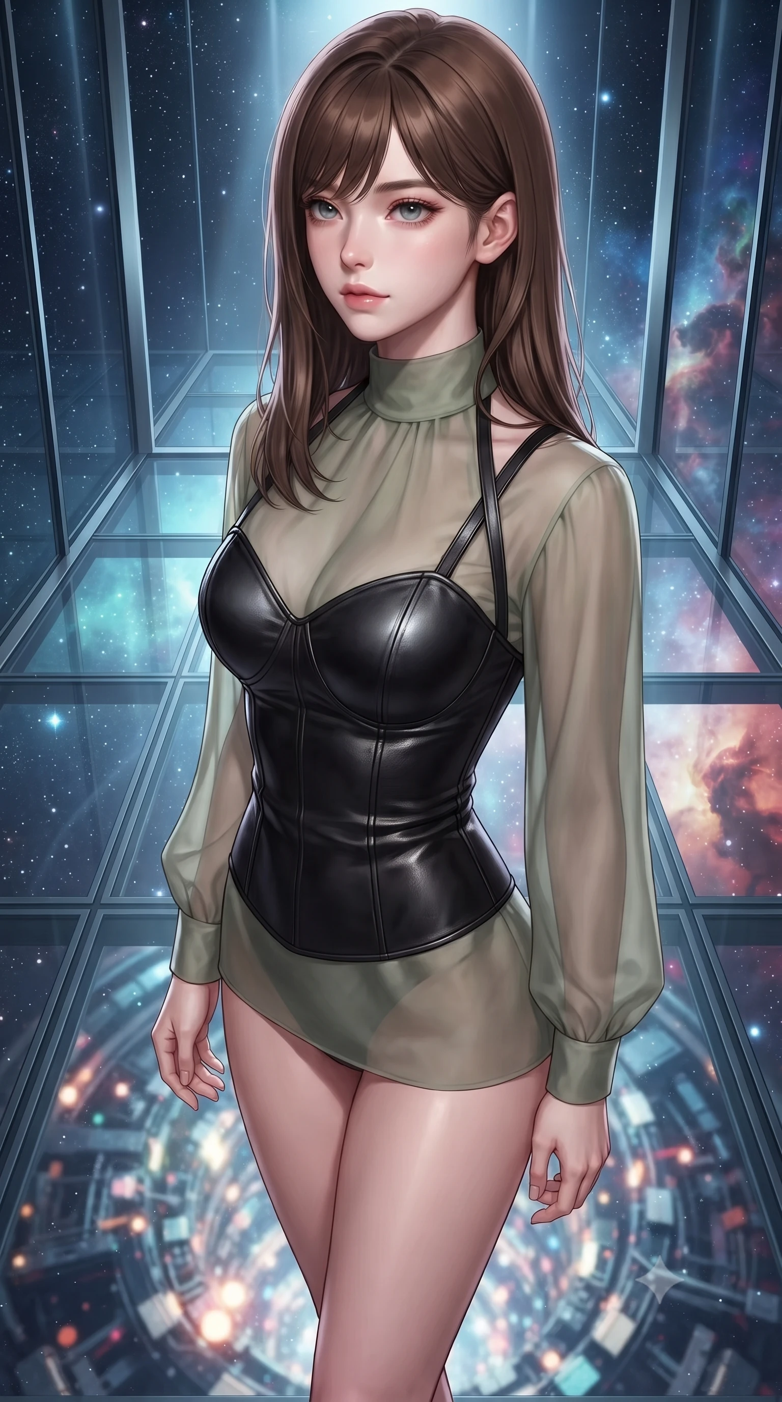 score_9, masterpiece, best quality, ultra-detailed, high-budget anime keyframe, editorial fashion photography, tasteful artistic composition, Korean woman. close-up cowboy shot from the waist and thighs up, the character dominates the composition, filling the frame with her large presence, background elements kept in soft focus. Gazing past the camera with an air of effortless elegance and mysterious confidence poised on a glass platform over a quantum particle accelerator core, starlight and cosmic nebula clouds glowing through the floor-to-ceiling glass. She has an exceptionally elegant, slender, and willowy female figure with an ultra-slim waist, a gracefully sculpted slender torso, and a refined silhouette. sharp v-shaped jawline, high-bridge nose, intricate jewel-like eyes with depth, thick eyelashes, glossy lips with a natural sheen. wearing a tailored leather bustier over a sheer silk chiffon blouse in sage green and oatmeal, made of premium stretch velvet with a rich sheen, complemented by criss-cross back straps highlighting her bare shoulders, the tailored fabric tightly following every curve of her athletic build. lit by bright volumetric laser beams and soft specular highlights. highly saturated vibrant anime colors, detailed shading with soft gradients, rich glossy textures, high-contrast stereoscopic depth, volumetric dynamic lighting, master piece, 9:16 ratio