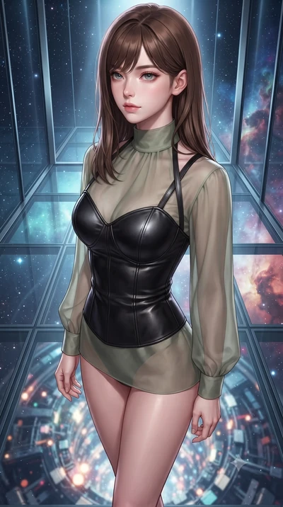 score_9, masterpiece, best quality, ultra-detailed, high-budget anime keyframe, editorial fashion photography, tasteful artistic composition, Korean woman. close-up cowboy shot from the waist and thighs up, the character dominates the composition, fi