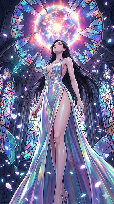 score_9, masterpiece, best quality, ultra-detailed, high-budget anime movie keyframe, cinematic anime lighting, intricate line art, Japanese woman. Low angle cowboy shot filling the entire 9:16 frame with her statuesque presence. observing a supernov