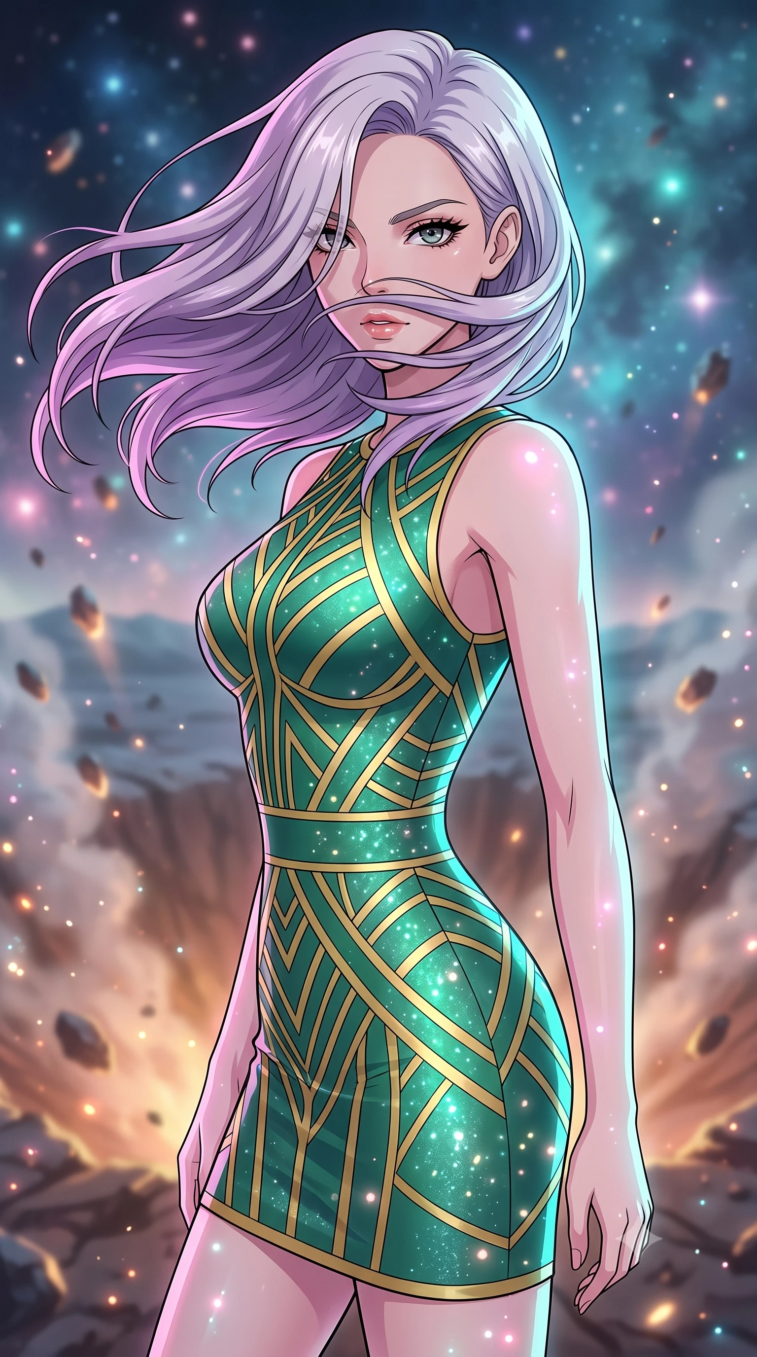 score_9, masterpiece, best quality, ultra-detailed, high-budget anime keyframe, clean line-art, cel-shading, Caucasian woman, strictly human ears. close-up cowboy shot from the waist and thighs up, the character dominates the composition, filling the frame with her large presence, background elements kept in soft focus. Executing a sudden, fast pivot to face the camera, her hair whipping violently across her face. set against a soft-focus background of a smoking impact crater with glowing space rocks, the air thick with mineral smoke and ionized stardust. She has an exceptionally elegant and slender, willowy female figure with an ultra-slim waist, a gracefully sculpted slender torso, and a refined slim physique. sharp v-shaped jawline, high-bridge nose, intricate jewel-like eyes with depth, thick eyelashes, glossy lips with a natural sheen. wearing catching and diffusing the glowing particles, shimmering softly in response to the surrounding light, a form-contouring precision-cut bandage dress in a striking emerald and gold pattern, contouring and highlighting her slender hourglass waist. starlight and nebula glow casting soft cosmic pink and cyan highlights on her form. highly saturated vibrant anime colors, intense vivid color palette, volumetric dynamic lighting, 2k, ultra detail, master piece, 9:16 ratio