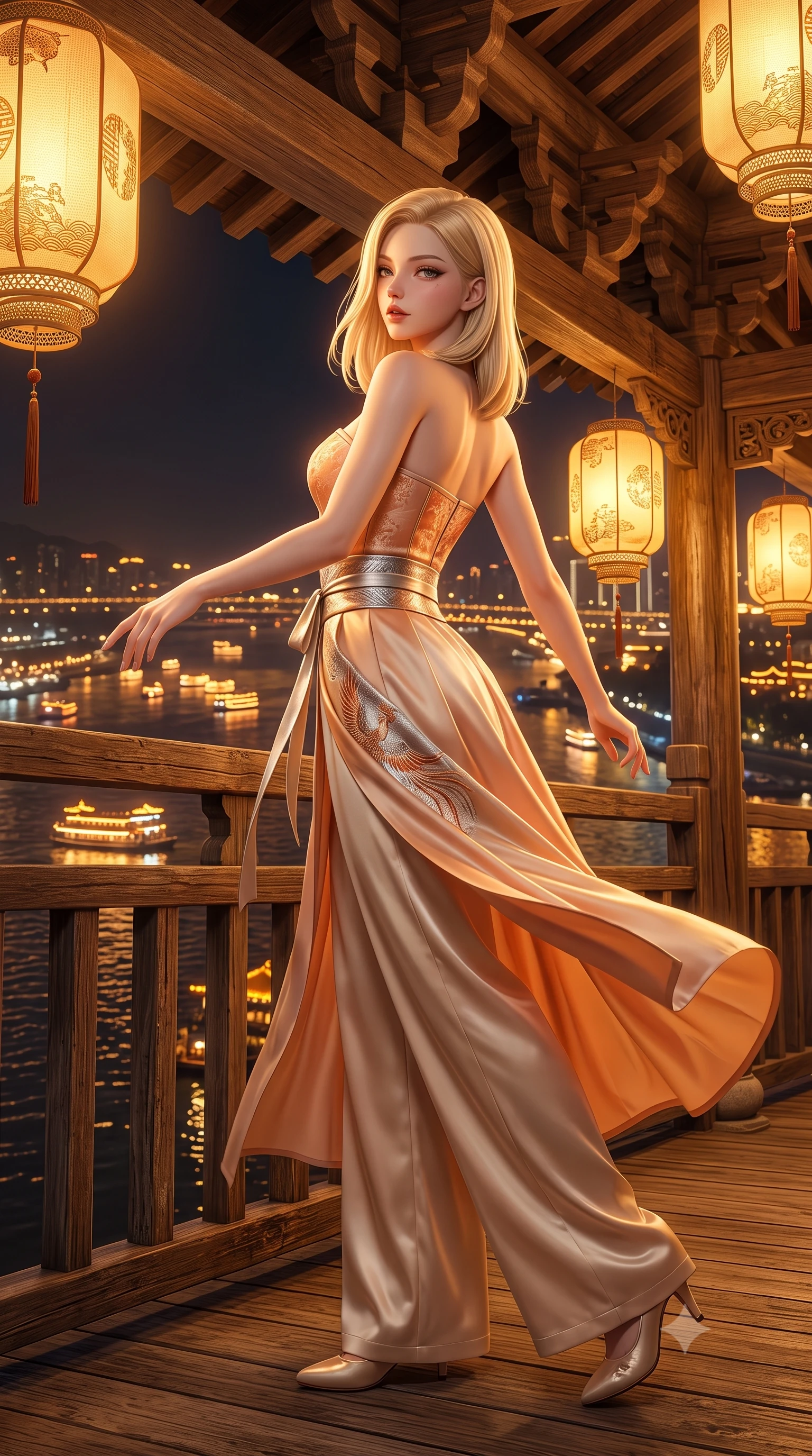score_9, masterpiece, best quality, ultra-detailed, high-budget anime keyframe, semi-realistic 3D game render, editorial fashion photography, tasteful artistic composition, Korean woman. low angle full-body shot from head to toe showing her feet, filling the entire 9:16 vertical frame with her statuesque presence, stretching her vertical silhouette. executing a graceful dancer pivot turn as her layered silk chima skirt flutters around her slender legs, glancing over her shoulder with an intoxicating bedroom-gaze while twisting her slender torso in an alluring S-curve, thousands of warm golden lights reflecting off the Yangtze River below her curves. The surrounding environment is rendered in vivid detail and crisp panoramic clarity: sharp carved timber bracket joinery, red lantern silk texture, and weathered wooden balustrade grain in deep focus. She has an absolutely perfect, statuesque 8.5-heads proportion, an exceptionally tall and slender model-like female figure with impossibly long slender legs, an ultra-slim waist, a flat toned midriff, narrow delicate ribcage, and beautifully sculpted feminine hips creating a graceful, slim hourglass silhouette without any bulky heaviness. sharp v-shaped jawline, high-bridge nose, intricate jewel-like dark sparkling almond eyes with depth, thick lashes, glossy parted lips with a natural rose-plum sheen, bright alluring and coquettish smile with bedroom-eyes, exuding both timeless oriental elegance and sovereign high-fashion allure, flawlessly proportioned anatomical accuracy, strict slender model proportions, natural body alignment, perfectly sculpted long slender limbs, ultra-slim waistline, clean dynamic posture without body distortion. wearing a strapless structured silk brocade bustier top paired with flowing wide-leg satin palazzo trousers cinched at the waist in warm peach apricot and soft vanilla silk, made of supple second-skin stretch silk jersey clinging flawlessly to her form, finished with a wide metallic obi sash with intricate embroidered phoenix motifs, the high-waisted wrap tailoring accentuating her ultra-slim waistline and the enchanting curve of her feminine hips with alluring oriental charm. bathed in intense blazing golden and amber lantern illumination echoing from hundreds of eaves. highly saturated vibrant anime colors, detailed shading with soft gradients, rich glossy textures, high-contrast stereoscopic depth, volumetric dynamic lighting, master piece, 9:16 ratio