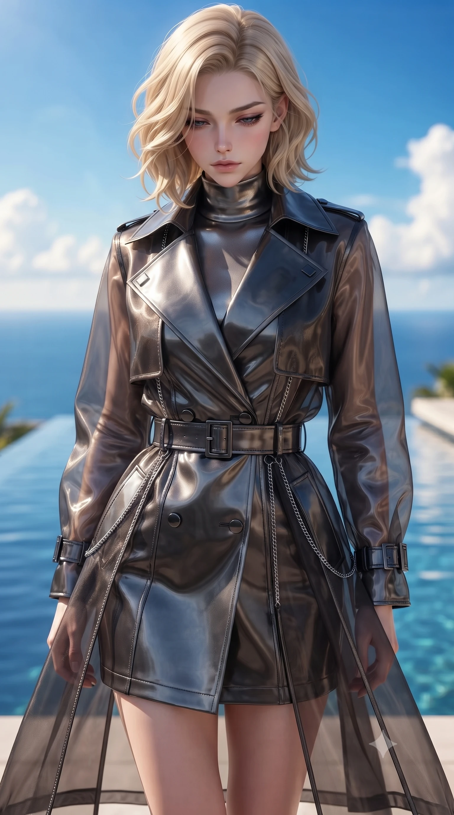 score_9, masterpiece, best quality, ultra-detailed, high-budget anime keyframe, editorial fashion photography, tasteful artistic composition, Caucasian woman. close-up cowboy shot from the waist and thighs up, the character dominates the composition, filling the frame with her large presence, background elements kept in soft focus. Looking down with lowered lashes and a composed, powerful dark aura, poised near a clear infinity plunge pool under a brilliant golden sun sky, crisp sky blue and white background providing high-definition contrast. She has an exceptionally elegant, slender, and willowy female figure with an ultra-slim waist, a gracefully sculpted slender torso, and a refined silhouette. sharp v-shaped jawline, high-bridge nose, intricate jewel-like eyes with depth, thick eyelashes, glossy lips with a natural sheen. wearing structured charcoal trench dress over sleek turtleneck in metallic dark silver, made of sheer dark organza overlay, framed by dark titanium buckles and silver chain details, following her slender form with tailored precision. lit by intense midday key rays highlighting her statuesque form. ultra-reflective glossy finish, specular highlights, metallic sheen, high-contrast stereoscopic depth, volumetric dynamic lighting, 2k, ultra detail, master piece, 9:16 ratio