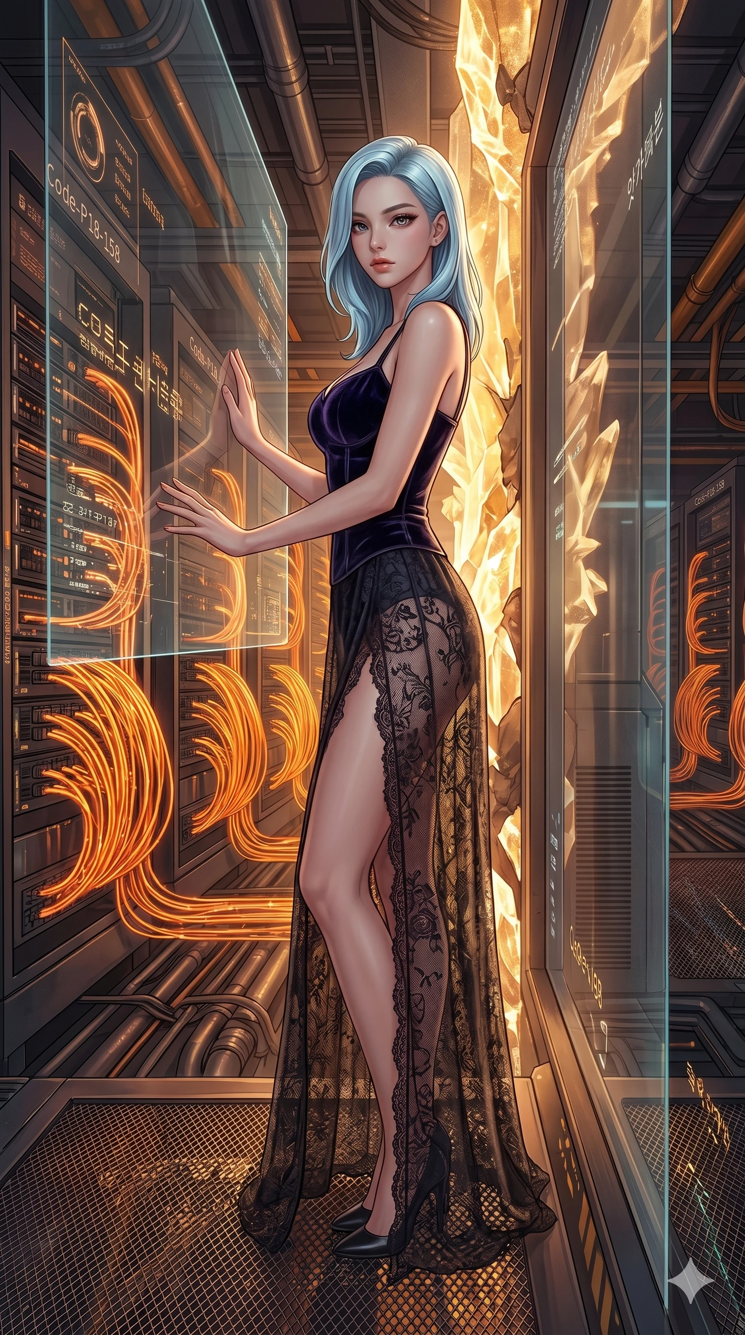 score_9, masterpiece, best quality, ultra-detailed, high-budget anime keyframe, editorial fashion photography, tasteful artistic composition, Korean woman. cowboy shot from the thighs up, character and outfit filling the frame for maximum editorial presence. resting her hands on the glass, looking with quiet self-assurance in a cyberpunk data hub filled with rows of pulsing orange fiber cables (Code-P18-158). She has an absolutely perfect 8-heads proportion, an exceptionally tall and slender female figure with impossibly long slender legs and an ultra-slim waist. V-shaped jawline, high-bridge nose, intricate jewel-like eyes with depth, thick eyelashes, glossy lips with a natural sheen. wearing a dark velvet corset combined with a sheer lace skirt. golden light emanating from the mineral veins, creating a dramatic chiaroscuro effect. 2k, ultra detail, master piece, 9:16 ratio