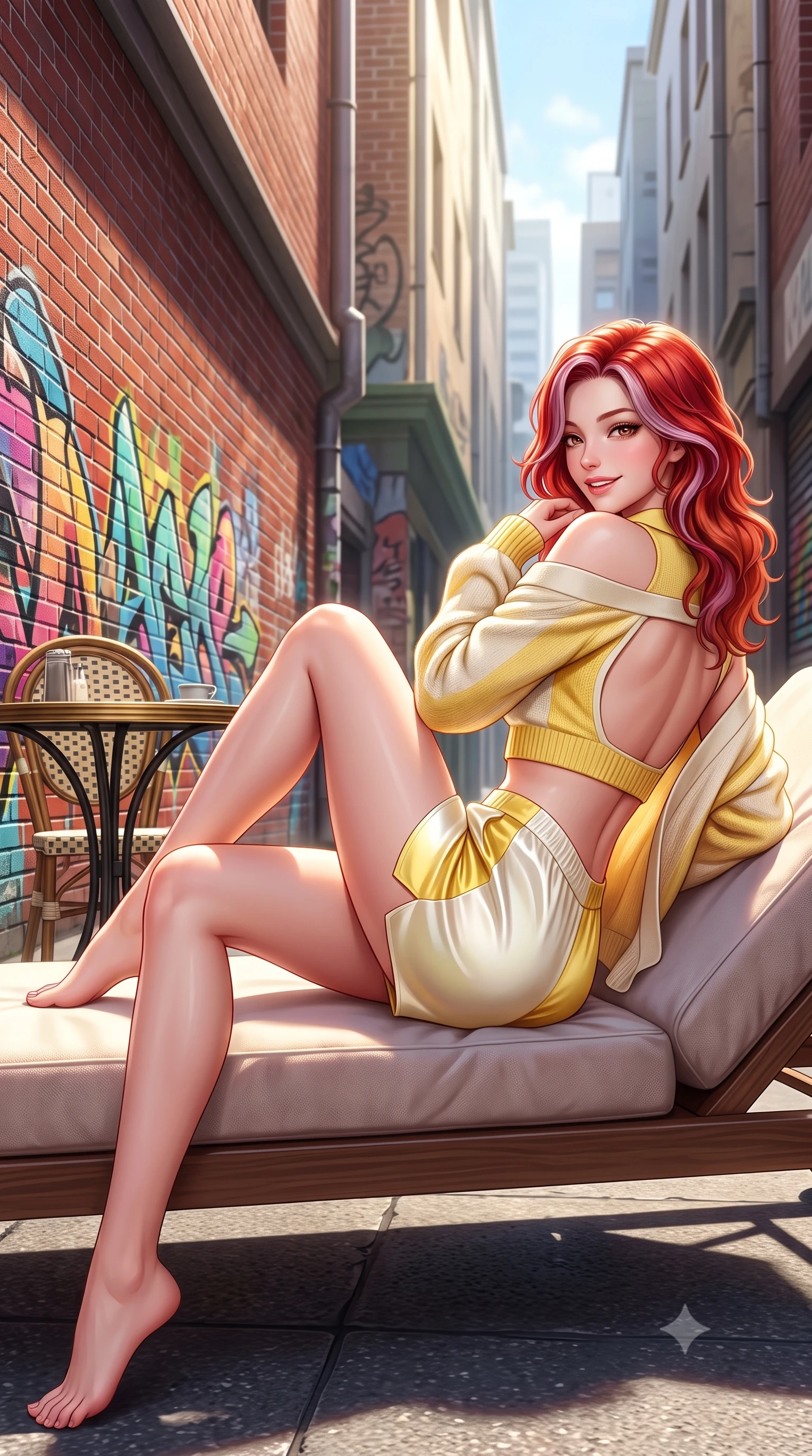 score_9, masterpiece, best quality, ultra-detailed, high-budget anime keyframe, semi-realistic 3D game render, editorial fashion photography, tasteful artistic composition, Caucasian woman. low angle full-body shot from head to toe showing her feet, filling the entire 9:16 vertical frame with her statuesque presence, stretching her vertical silhouette. reclining languidly on her side across the sunbed with one knee drawn up, her radiant smile and arched hip curve commanding the 9:16 vertical frame with youthful sensual charisma while leaning against an industrial brick wall adorned with colorful street art with hips cocked back, looking over her shoulder with a playful, alluring gaze. The surrounding environment is rendered in vivid detail and crisp panoramic clarity. sharp red-brick wall textures, street art aerosol paint layers, and small bistro table details in deep focus. She has an exceptionally tall and slender model-like 8.5-heads proportion, an ultra-slim waist, a flat toned midriff, narrow delicate ribcage, and beautifully sculpted feminine hips creating a graceful, slim hourglass silhouette without any bulky heaviness, with impossibly long slender legs. sharp v-shaped jawline, high-bridge nose, intricate jewel-like sparkling eyes with depth, thick eyelashes, glossy parted lips with a natural peach sheen, bright cheerful beaming smile with an enchanting and coquettish sensual glint, exuding both youthful cute charm and seductive allure, flawlessly proportioned anatomical accuracy, strict slender model proportions, natural body alignment, perfectly sculpted long slender limbs, ultra-slim waistline, clean dynamic posture without body distortion. wearing a cropped knitted polo sweater paired with high-cut tailored tennis shorts hugging her rounded hips in bright butter yellow and fresh cream white, made of smooth fluid silk satin with a delicate pearlescent sheen, complemented by an oversized soft knit cardigan slipping off one bare shoulder, the precision-cut side openings and low-back scoop framing her graceful spine and the sensual sweep of her slim, toned hips. bathed in filtered morning sunlight slicing down between tall laneway brick buildings. highly saturated vibrant anime colors, detailed shading with soft gradients, rich glossy textures, high-contrast stereoscopic depth, volumetric dynamic lighting, master piece, 9:16 ratio