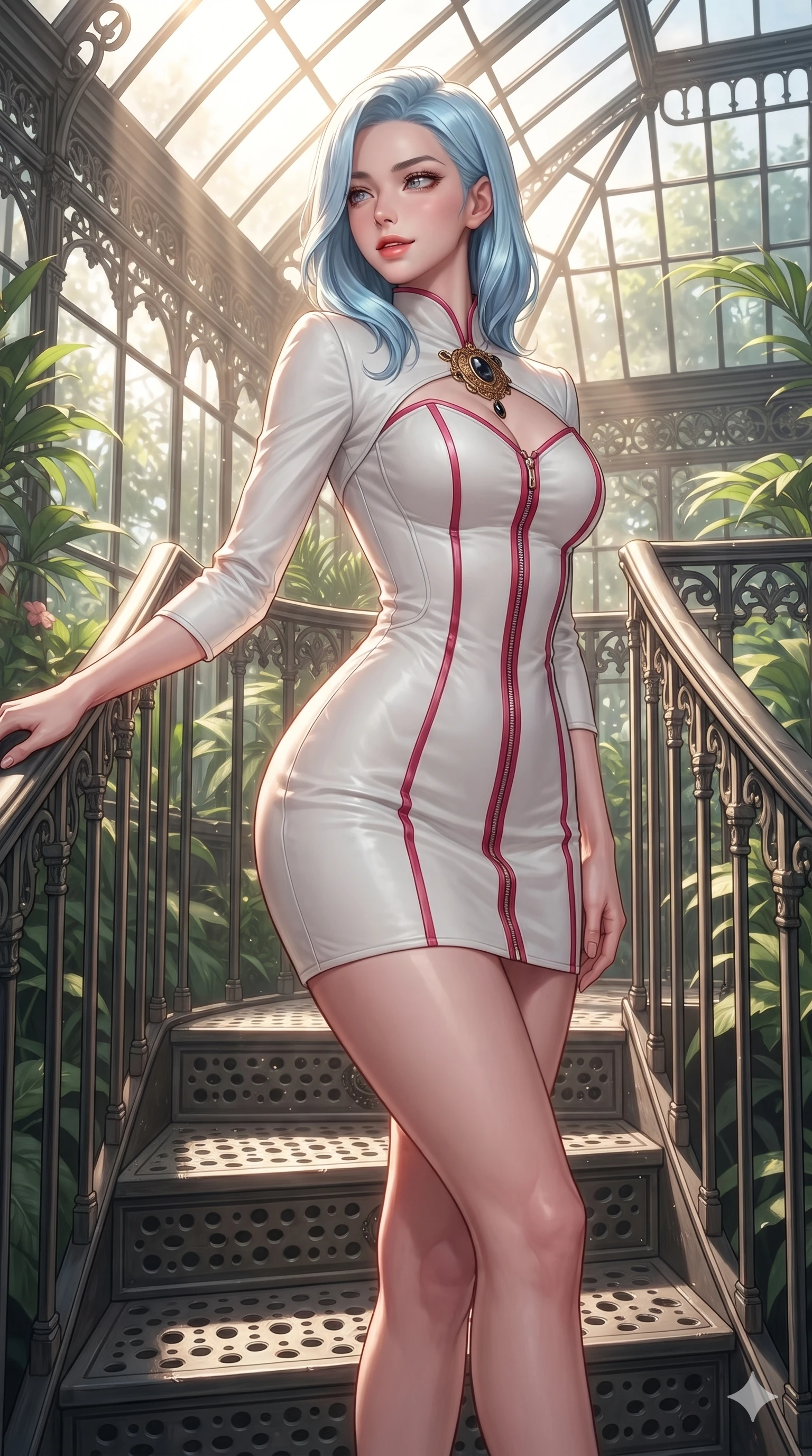 score_9, masterpiece, best quality, ultra-detailed, high-budget anime keyframe, editorial fashion photography, tasteful artistic composition, Korean woman. close-up cowboy shot from the waist and thighs up, the character dominates the composition, filling the frame with her large presence. twisting her slender torso in a deep contrapposto stance, hips dramatically shifted to accentuate her feminine curves while looking past her shoulder with smoldering bedroom-eyes while standing tall on the perforated iron staircase landing, one hand resting high while arching her lower back to emphasize her sculpted feminine hips and slender waist. The surrounding environment is rendered in vivid detail and crisp panoramic clarity: detailed liquid gold chainmail halter top weave, low-rise velvet mini skirt drape, and Victorian greenhouse engineering in razor-sharp precision. She has an exceptionally elegant, slender, and willowy female figure with an ultra-slim waist, flat toned midriff, narrow ribcage, and sculpted feminine hips creating an alluring, slim hourglass silhouette without bulk. sharp v-shaped jawline, high-bridge nose, sparkling eyes with hypnotic seductive depth, thick curled eyelashes, glossy parted lips with a natural dewy peach sheen, alluring bedroom-eyes with an enchanting coquettish smile, exuding magnetic siren charisma and sophisticated glamour, flawlessly proportioned anatomical accuracy, strict slender model proportions, natural body alignment, perfectly sculpted long slender limbs, ultra-slim waistline, clean dynamic posture without body distortion. wearing a glove-like stretch lambskin leather corset mini dress with double-ended front zipper in pure snow white and vivid cherry blossom crimson, tailored from crisp high-density botanical cotton poplin with pristine structural hold, finished with an authentic engraved gold medallion and obsidian cabochons, the liquid-tight tailored fabric clinging flawlessly to her narrow waist and rounded feminine hips, emphasizing every millimeter of her sculpted slim hourglass curves without any bulky heaviness. bathed in vertical shafts of bright morning sun penetrating the dense botanical glasshouse canopy. ultra-reflective glossy finish, specular highlights, rich textural contrasts, high-contrast stereoscopic depth, volumetric dynamic lighting, 2k, ultra detail, master piece, 9:16 ratio