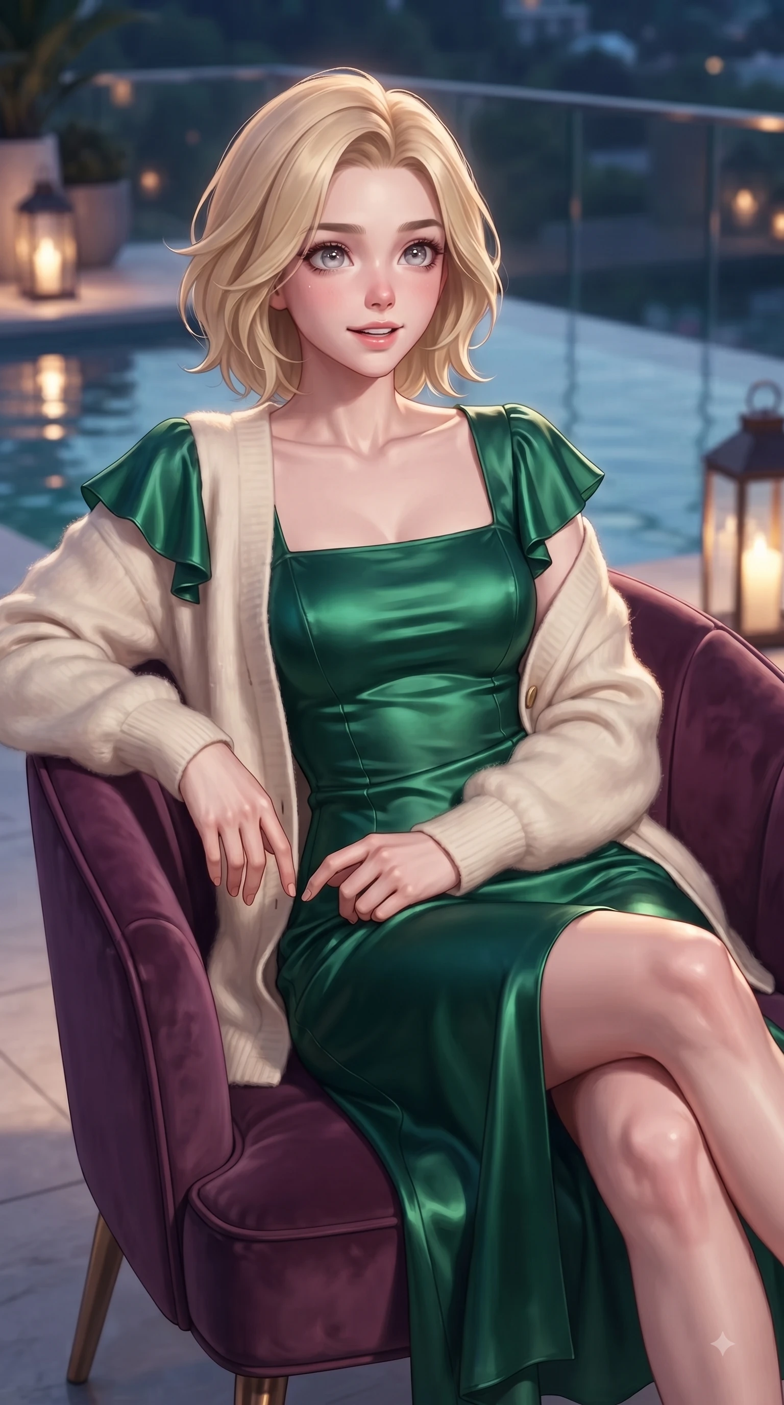 score_9, masterpiece, best quality, ultra-detailed, high-budget anime keyframe, editorial fashion photography, tasteful artistic composition, Caucasian woman. close-up cowboy shot from the waist and thighs up, the character dominates the composition, filling the frame with her large presence. Expectant hopeful expression with wide sparkling eyes and a soft eager smile as if waiting for a loved one while lounging in a velvet designer chair under warm ambient outdoor lanterns. The composition keeps background elements in soft focus with dreamy bokeh. infinity pool water reflections and glass railings softened in smooth shallow focus. She has an exceptionally elegant, slender, and willowy female figure with an ultra-slim waist, a gracefully sculpted slender torso, and a refined silhouette. sharp v-shaped jawline, high-bridge nose, intricate jewel-like eyes with depth, thick eyelashes, glossy lips with a natural sheen, flawlessly proportioned anatomical accuracy, natural body alignment, perfectly sculpted elegant limbs, clean dynamic posture without body distortion. wearing a rich emerald green satin slip dress layered under a plush cream cardigan in rich plum violet and metallic platinum, crafted from smooth liquid silk satin, featuring elegant flutter sleeves and a graceful square neckline, the tailored fit highlighting her statuesque and model-like silhouette. surrounded by an opulent, glamorous, and high-fashion nightlife editorial aura. ultra-reflective glossy finish, specular highlights, metallic sheen, high-contrast stereoscopic depth, volumetric dynamic lighting, 2k, ultra detail, master piece, 9:16 ratio