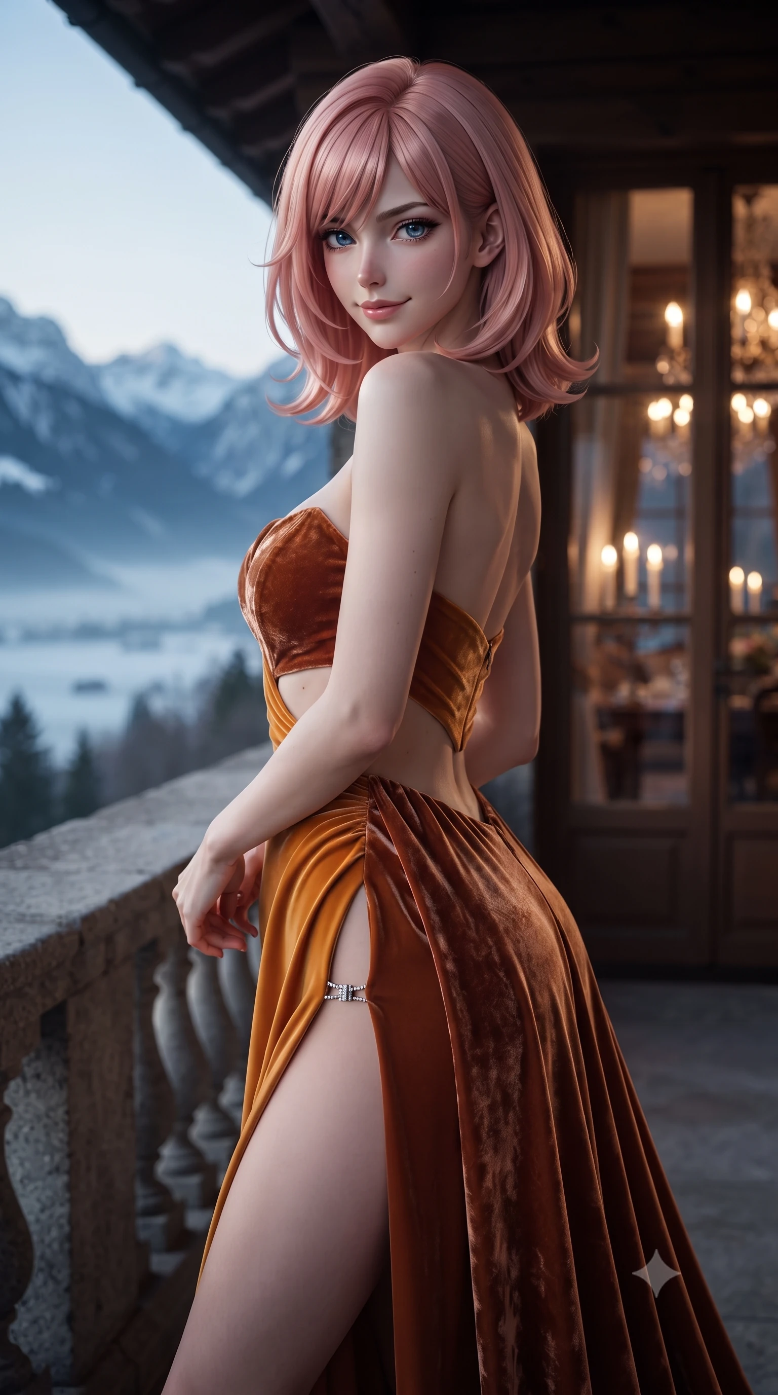 score_9, masterpiece, best quality, ultra-detailed, high-budget anime keyframe, editorial fashion photography, tasteful artistic composition, Japanese woman. close-up cowboy shot from the waist and thighs up, the character dominates the composition, filling the frame with her large presence. turning over a bare shoulder with an intoxicating, teasing smile, her soft hair framing her sharp jawline as her hips angle gracefully while turning in an alluring dancer S-curve as the crisp alpine wind flutters her heavy gown, gazing down at the mist-filled Bavarian valley. The composition keeps background elements in soft focus with creamy bokeh. candlelit interior chandeliers visible through frosted arched windows softened in romantic fairy-tale shallow focus. She has an exceptionally elegant, slender, and willowy female figure with an ultra-slim waist, flat toned midriff, narrow ribcage, and sculpted feminine hips creating an alluring, slim hourglass silhouette without bulk. sharp v-shaped jawline, high-bridge nose, intricate jewel-like eyes with depth, thick eyelashes, glossy parted lips with a natural sheen, intensely captivating and seductive bedroom-eyes expression, flawlessly proportioned anatomical accuracy, strict slender model proportions, natural body alignment, perfectly sculpted long slender limbs, ultra-slim waistline, clean dynamic posture without body distortion. wearing a deep sweetheart neckline crushed velvet corseted ballgown with an exposed midriff cutout in rich copper bronze and warm amber, tailored from liquid silk jersey adhering flawlessly to her slender build, finished with an ultra-high side slit secured by miniature jeweled clasps, the form-contouring material adhering flawlessly to her sculpted flat midriff and slender torso, emphasizing her long leg lines and perfectly proportioned willowy build. bathed in cool, pristine alpine winter daylight contrasting with warm amber candlelight spilling from interior French doors. ultra-reflective glossy finish, specular highlights, rich textural contrasts, high-contrast stereoscopic depth, volumetric dynamic lighting, 2k, ultra detail, master piece, 9:16 ratio
