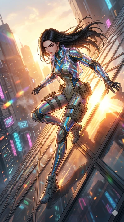 score_9, masterpiece, best quality, ultra-detailed, high-budget anime movie keyframe, cinematic anime lighting, intricate line art, Caucasian (strictly human ears) anime girl. Low angle cowboy shot capturing a powerful motion and statuesque presence.