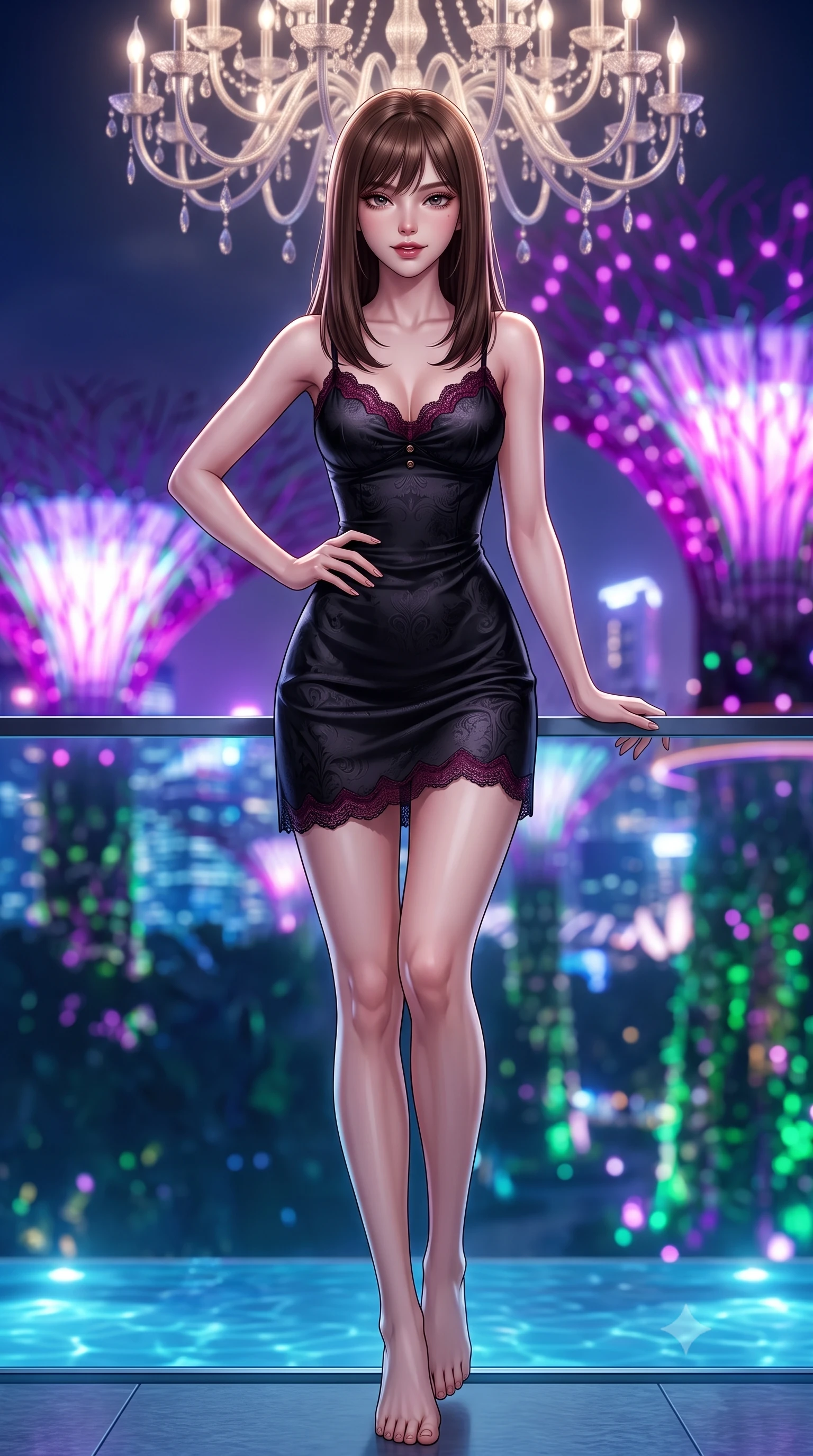 score_9, masterpiece, best quality, ultra-detailed, high-budget anime keyframe, semi-realistic 3D game render, editorial fashion photography, tasteful artistic composition, Korean woman. low angle full-body shot from head to toe showing her feet, filling the entire 9:16 vertical frame with her statuesque presence, stretching her vertical silhouette. pausing mid-stride beneath the grand chandelier with one hand resting on her narrow waist, her arched hips and statuesque 8.5-heads presence commanding the 9:16 vertical frame while leaning against the minimalist infinity glass edge propped on one hand, flashing a smoldering, playful half-smile with parted glossy lips. The composition keeps background elements in soft focus with dreamy creamy bokeh. the futuristic Singapore skyline and Supertree Grove light sculptures blurred into dazzling electric violet, magenta, and emerald bokeh. She has an exceptionally tall and slender model-like 8.5-heads proportion, an ultra-slim waist, a flat toned midriff, narrow delicate ribcage, and beautifully sculpted feminine hips creating a graceful, slim hourglass silhouette without any bulky heaviness, with impossibly long slender legs. sharp v-shaped jawline, high-bridge nose, intricate jewel-like dark sparkling eyes with dangerous depth, thick curled eyelashes, glossy parted lips with a rich wine sheen, smoldering seductive half-smile with bedroom-eyes, exuding effortless superiority and intoxicating dark allure, flawlessly proportioned anatomical accuracy, strict slender model proportions, natural body alignment, perfectly sculpted long slender limbs, ultra-slim waistline, clean dynamic posture without body distortion. wearing a strappy black silk slip dress with delicate lace scallop edging along the neckline and hem in deep wine burgundy and lustrous obsidian, tailored from rich silk jacquard with subtle embossed baroque patterns, finished with sharp tailored peak lapels and subtle horn button accents, the form-contouring cut accentuating her sculpted flat midriff, narrow delicate ribcage, and gracefully curvy hips with sovereign high-fashion precision. illuminated by underwater pool LED downlights and crisp silver rim lighting sharply sculpting her razor-sharp jawline, narrow waist, and curvy hips. highly saturated vibrant anime colors, detailed shading with soft gradients, rich glossy textures, high-contrast stereoscopic depth, volumetric dynamic lighting, master piece, 9:16 ratio