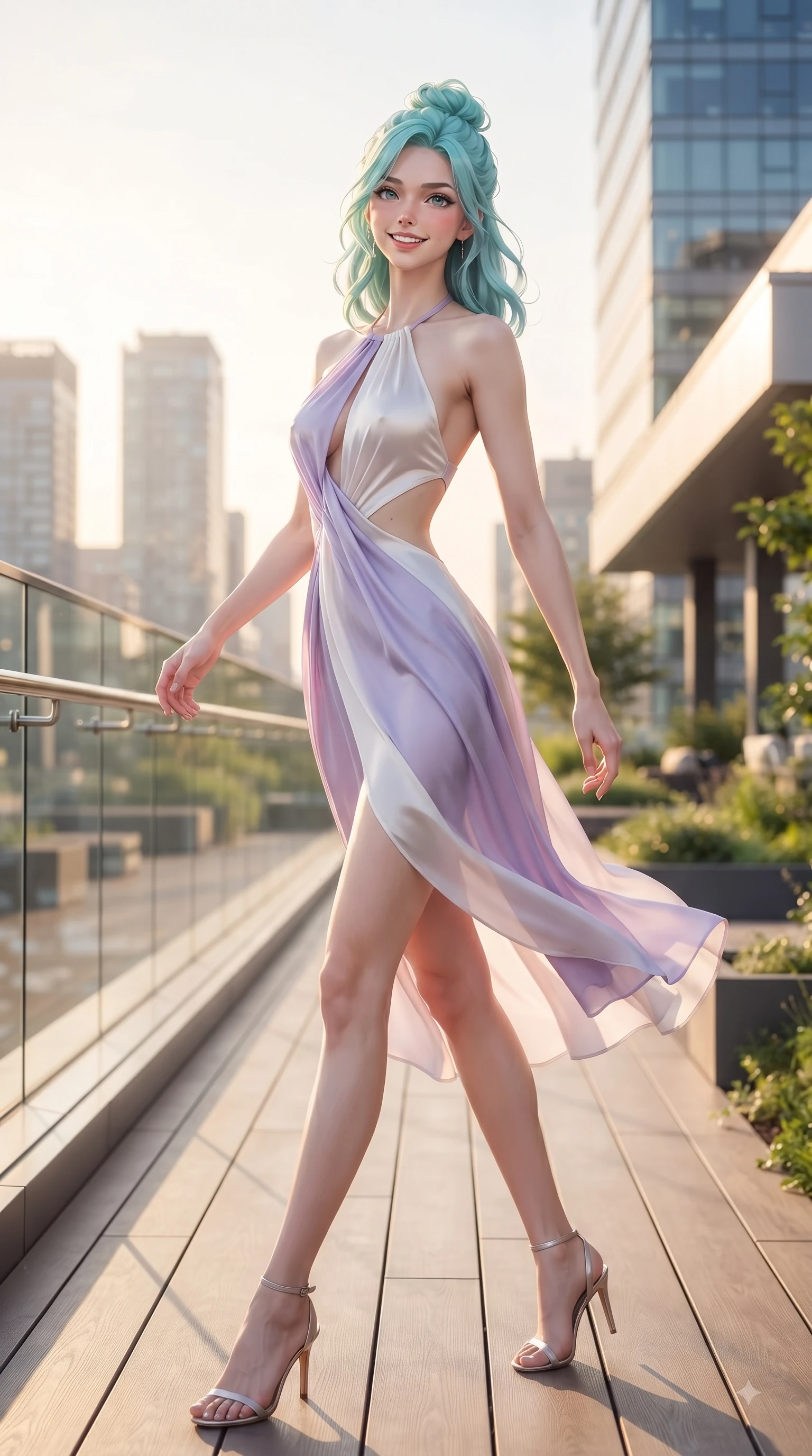 score_9, masterpiece, best quality, ultra-detailed, high-budget anime keyframe, editorial fashion photography, tasteful artistic composition, Japanese woman. low angle full-body shot from head to toe showing her feet, filling the entire 9:16 vertical frame with her statuesque presence, stretching her vertical silhouette. performing a cheerful mid-motion turn with flawless poise, her radiant smile capturing fresh girlhood energy while walking down a sunlit rooftop deck as golden hour paints the modern urban towers. The composition keeps background elements in soft focus with dreamy bokeh. rooftop deck glass railings and terrace greenery softened in smooth shallow focus. She has an absolutely perfect, statuesque 8.5-heads proportion, an exceptionally tall and slender model-like female figure with impossibly long slender legs and an ultra-slim waist. sharp v-shaped jawline, high-bridge nose, intricate jewel-like eyes with depth, thick eyelashes, glossy lips with a natural sheen, flawlessly proportioned anatomical accuracy, natural body alignment, perfectly sculpted elegant limbs, clean dynamic posture without body distortion. wearing a delicate silk halter-neck dress following her curves gracefully in soft lavender violet and pearl white, crafted from lightweight fluid chiffon, complemented by clean architectural cutouts along her slender torso, the elegant draped fit framing her graceful clavicle and slender torso. illuminated by crisp specular highlights and clear rim lighting. ultra-reflective glossy finish, specular highlights, metallic sheen, high-contrast stereoscopic depth, volumetric dynamic lighting, 2k, ultra detail, master piece, 9:16 ratio