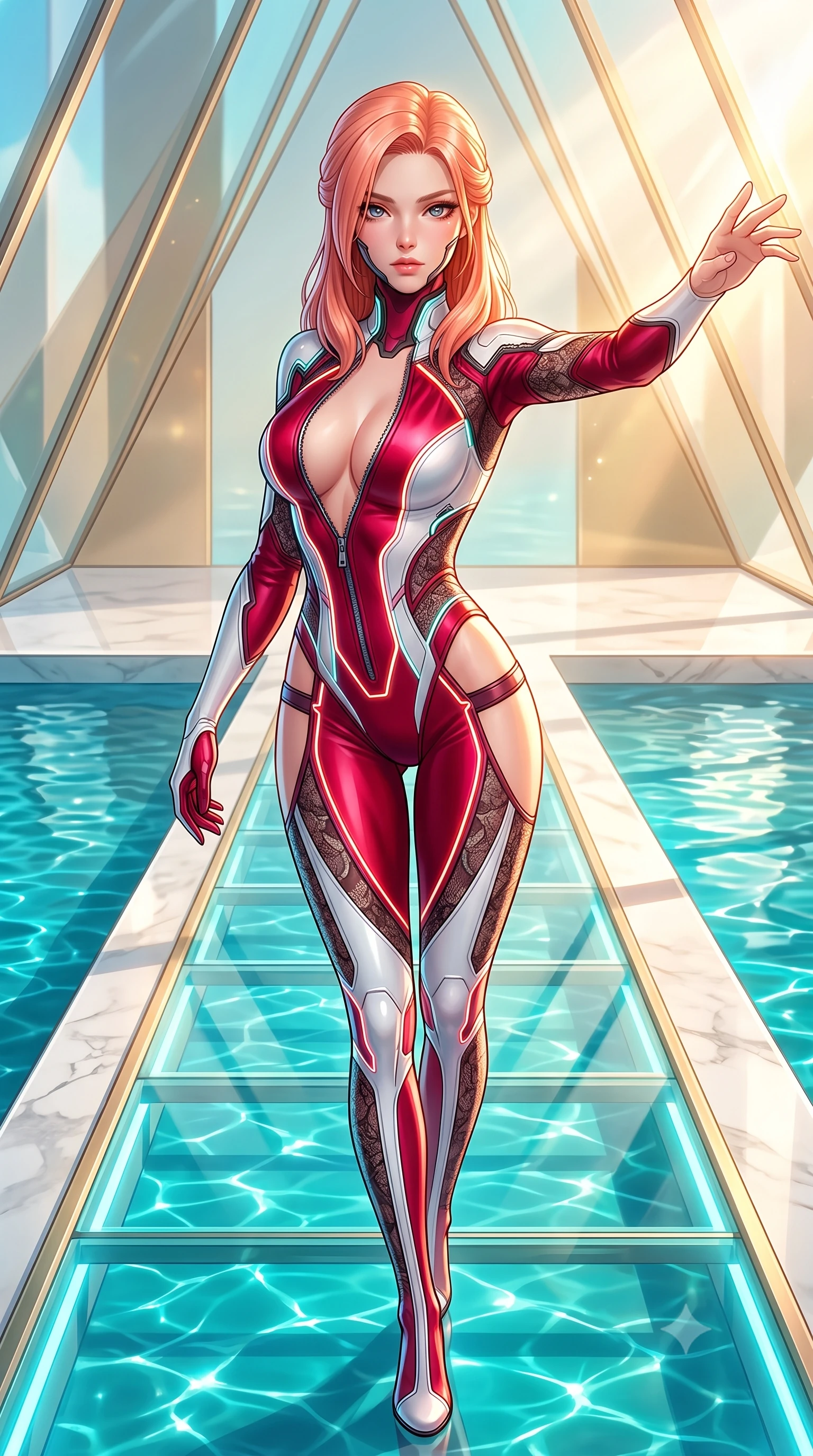 score_9, masterpiece, best quality, ultra-detailed, high-budget anime keyframe, semi-realistic 3D game render, editorial fashion photography, tasteful artistic composition, Japanese woman. close-up cowboy shot from the waist and thighs up, the character dominates the composition, filling the frame with her large presence. extending one arm gracefully toward the light while her torso arches in a sleek, alluring curve with magnetic intensity while stepping along a glowing glass runway elevated above a shimmering turquoise waterway in a modern pavilion. The surrounding environment is rendered in vivid detail and crisp panoramic clarity. crisp champagne glass panel geometries, clear turquoise water ripples, and polished white stone in deep focus. She has an exceptionally elegant, slender, and willowy female figure with an ultra-slim waist, a gracefully sculpted slender torso, toned flat midriff, and a refined slim silhouette. sharp v-shaped jawline, high-bridge nose, intricate jewel-like eyes with depth, thick eyelashes, glossy lips with a natural sheen, flawlessly proportioned anatomical accuracy, strict slender model proportions, natural body alignment, perfectly sculpted long slender limbs, ultra-slim waistline, clean dynamic posture without body distortion. wearing a skin-tight cybernetic bodysuit with glowing neon seams, deep hip cutouts, and an aerodynamic athletic fit in radiant crimson silk and crisp snow white, crafted from delicate dark lace interwoven with luminescent micro-fibers, featuring a dangerously unzipped neckline framed by glowing cybernetic accents, the glove-like aerodynamic second-skin fit tightly clinging to her ultra-slender waist and athletic curves without adding bulk, accentuating her razor-sharp statuesque lines and slim hourglass silhouette. bathed in warm champagne-gold sunbursts and sparkling aquatic water refractions. highly saturated vibrant anime colors, detailed shading with soft gradients, rich glossy textures, high-contrast stereoscopic depth, volumetric dynamic lighting, master piece, 9:16 ratio