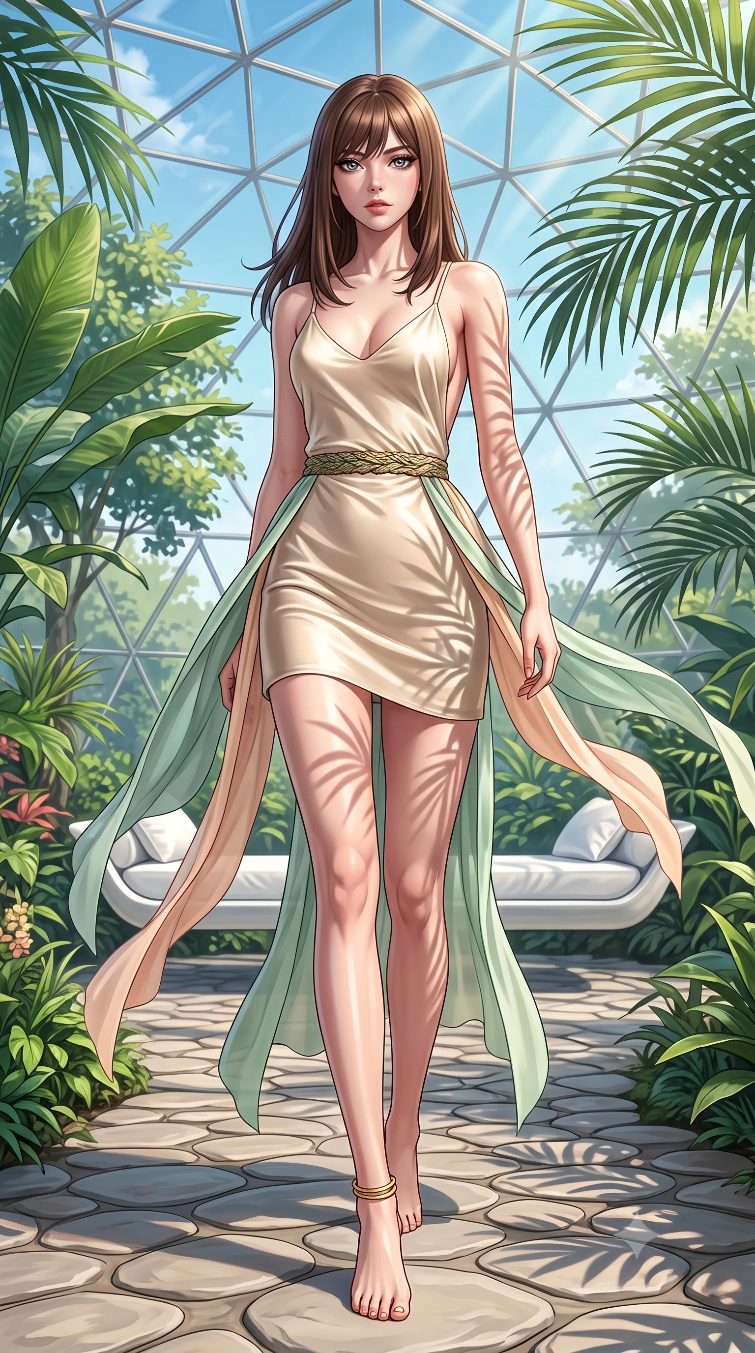 score_9, masterpiece, best quality, ultra-detailed, high-budget anime keyframe, semi-realistic 3D game render, editorial fashion photography, tasteful artistic composition, Korean woman. low angle full-body shot from head to toe showing her feet, filling the entire 9:16 vertical frame with her statuesque presence, stretching her vertical silhouette. striding forward in a proud, dynamic supermodel runway stride, hips swaying in an alluring kinetic rhythm that stretches her silhouette while stretching her slender body on a floating white porcelain daybed beneath a geometric glass dome, arching her back with arms raised. The surrounding environment is rendered in vivid detail and crisp panoramic clarity. bright sunlit solarpunk chiaroscuro and cutting-edge eco-sanctuary aesthetics in high clarity. She has an absolutely perfect, statuesque 8.5-heads proportion, an exceptionally tall and slender model-like female figure with impossibly long slender legs, a toned flat midriff, and an ultra-slim waist. sharp v-shaped jawline, high-bridge nose, intricate jewel-like eyes with depth, thick eyelashes, glossy parted lips with a natural sheen, intensely captivating and seductive expression, flawlessly proportioned anatomical accuracy, strict slender model proportions, natural body alignment, perfectly sculpted long slender limbs, ultra-slim waistline, clean dynamic posture without body distortion. wearing a radiant champagne silk slip dress with an ultra-deep plunging back and delicate thin straps in eucalyptus mint green and pale peach, woven from sheer cascading chiffon that flutters with every step, accessorized with a woven botanical belt and minimalist gold ankle cuff, the lightweight liquid-knit fabric adhering like a second skin to her slender frame, highlighting her effortless sun-kissed charm. illuminated by organic stencil shadows from tropical leaves tracing her sculpted torso and legs. highly saturated vibrant anime colors, detailed shading with soft gradients, rich glossy textures, high-contrast stereoscopic depth, volumetric dynamic lighting, master piece, 9:16 ratio