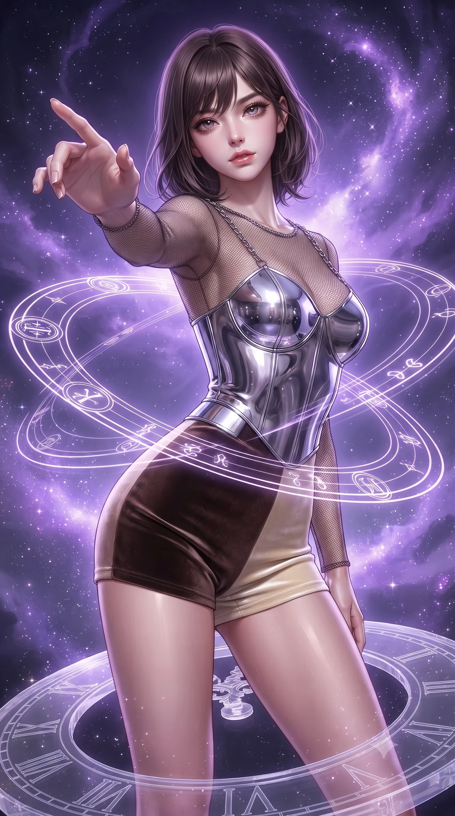 score_9, masterpiece, best quality, ultra-detailed, high-budget anime keyframe, editorial fashion photography, tasteful artistic composition, Korean woman. close-up cowboy shot from the waist and thighs up, the character dominates the composition, filling the frame with her large presence, background elements kept in soft focus. Reaching her hand gracefully toward the camera with magnetic allure, her torso turning in a dynamic S-curve alignment while balancing on a translucent clock springs bridge under a swirling violet nebula sky, glowing orbital glyphs hovering in fluid circular paths around her torso. She has an exceptionally elegant, slender, and willowy female figure with an ultra-slim waist, a gracefully sculpted slender torso, and a refined silhouette. sharp v-shaped jawline, high-bridge nose, intricate jewel-like eyes with depth, thick eyelashes, glossy lips with a natural sheen, flawlessly proportioned anatomical accuracy, natural body alignment, perfectly sculpted elegant limbs, clean dynamic posture without body distortion. wearing a chrome-plated structured bodice worn over a sheer mesh top and micro-shorts in espresso brown and warm cream, made of premium stretch velvet with a rich sheen, adorned with delicate metallic chain straps along the neckline, the tailored fabric tightly following every curve of her athletic build. surrounded by a glowing aura of starlight and shimmering violet cosmic fill. ultra-reflective glossy finish, specular highlights, metallic sheen, high-contrast stereoscopic depth, volumetric dynamic lighting, 2k, ultra detail, master piece, 9:16 ratio