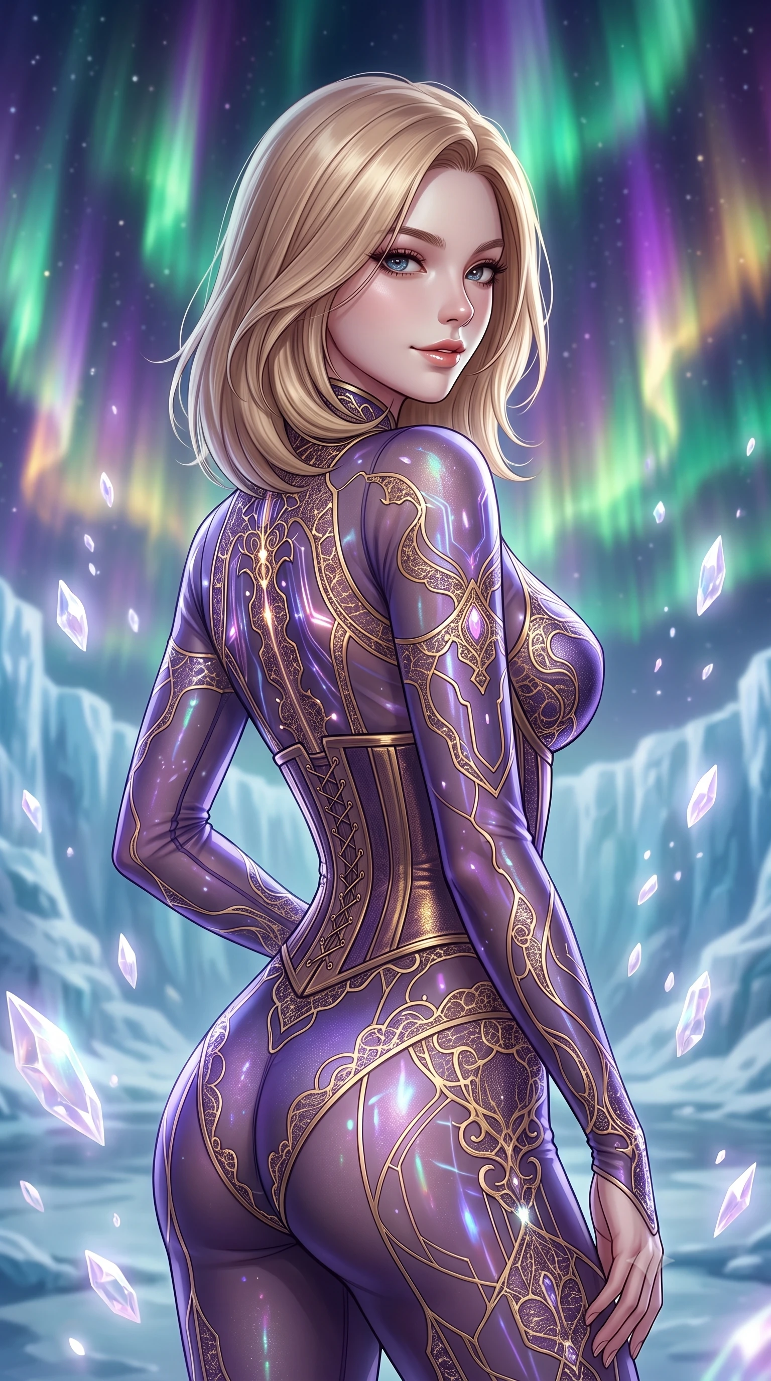 score_9, masterpiece, best quality, ultra-detailed, high-budget anime keyframe, editorial fashion photography, tasteful artistic composition, Korean woman. close-up cowboy shot from the waist and thighs up, the character dominates the composition, filling the frame with her large presence, background elements kept in soft focus. Glancing sidelong over her shoulder with a smoldering half-smile. set against a soft-focus background of a natural ice amphitheater on a frozen planet where magnificent plasma auroras form a living curtain of green violet and gold serving as an ever-shifting cosmic stage backdrop. She has an exceptionally elegant and slender, willowy female figure with an ultra-slim waist, a gracefully sculpted slender torso, and a refined slim physique. sharp v-shaped jawline, high-bridge nose, intricate jewel-like eyes with depth, thick eyelashes, glossy lips with a natural sheen. wearing a sheer holographic bodysuit in violet, featuring embedded gold-lace circuits and a matching underbust corset. ethereal pearlescent light emanating from floating crystalline formations all around. 2k, ultra detail, master piece, 9:16 ratio