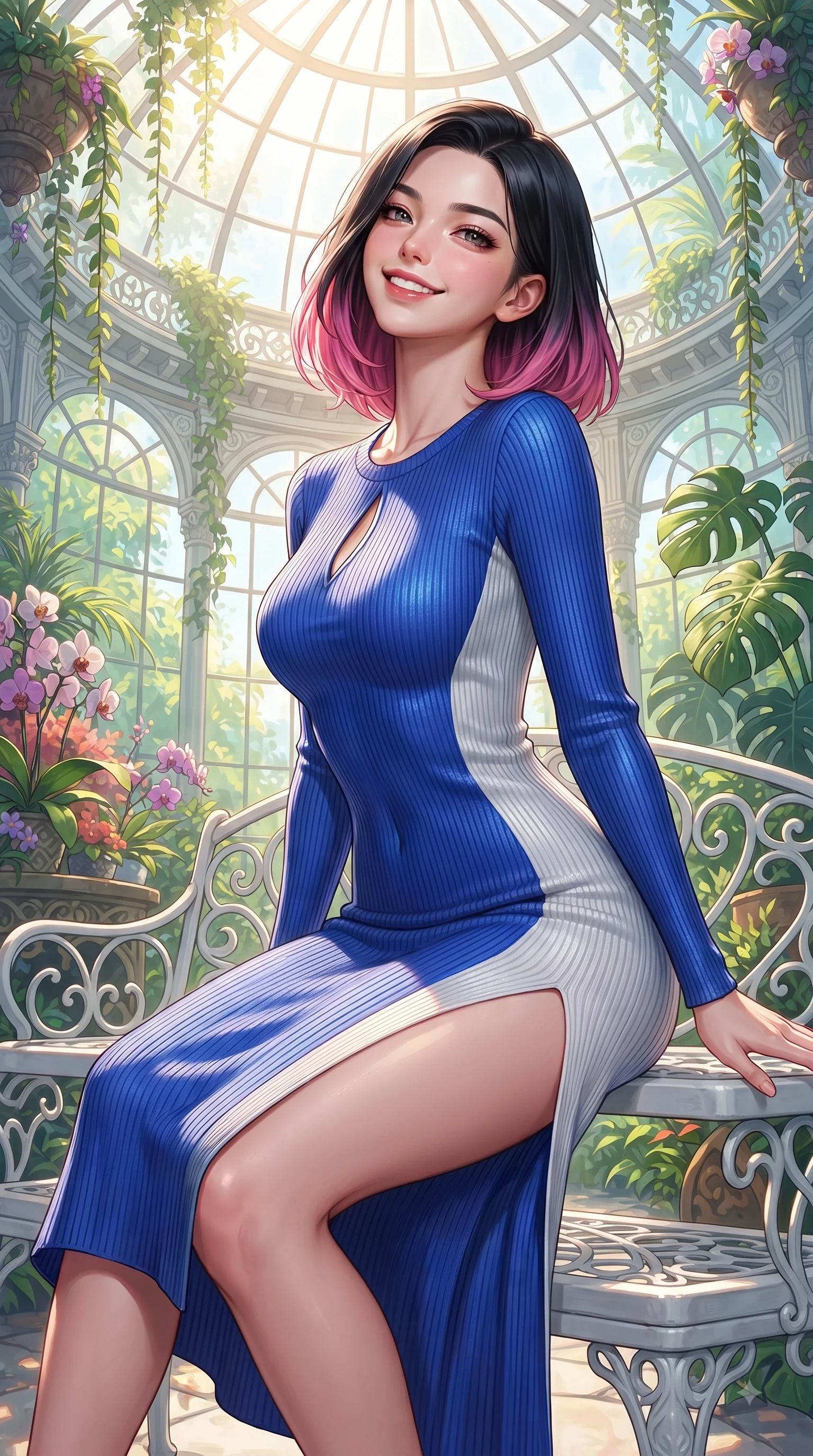 score_9, masterpiece, best quality, ultra-detailed, high-budget anime keyframe, editorial fashion photography, tasteful artistic composition, Korean woman. close-up cowboy shot from the waist and thighs up, the character dominates the composition, filling the frame with her large presence. Tilting her chin up with a sweet beaming smile of pure delight while balancing dynamically amidst the scene while sitting on a white iron garden bench surrounded by blooming orchids and Monstera leaves. The surrounding environment is rendered in vivid detail and crisp panoramic clarity. intricate glasshouse dome architecture, cascading tropical vines, and vibrant botanical displays in deep focus. She has an exceptionally elegant, slender, and willowy female figure with an ultra-slim waist, a gracefully sculpted slender torso, and a refined silhouette. sharp v-shaped jawline, high-bridge nose, intricate jewel-like eyes with depth, thick eyelashes, glossy lips with a natural sheen, flawlessly proportioned anatomical accuracy, natural body alignment, perfectly sculpted elegant limbs, clean dynamic posture without body distortion. wearing a form-fitting ribbed knit midi dress with a tasteful side leg slit in vibrant cobalt blue and crisp snow white, crafted from lightweight fluid chiffon, accented with a Tasteful chest slit framing her clavicle gracefully, the glove-like fit emphasizing her statuesque silhouette during motion. surrounded by a peaceful, sun-drenched, and healing greenhouse atmosphere. ultra-reflective glossy finish, specular highlights, metallic sheen, high-contrast stereoscopic depth, volumetric dynamic lighting, 2k, ultra detail, master piece, 9:16 ratio