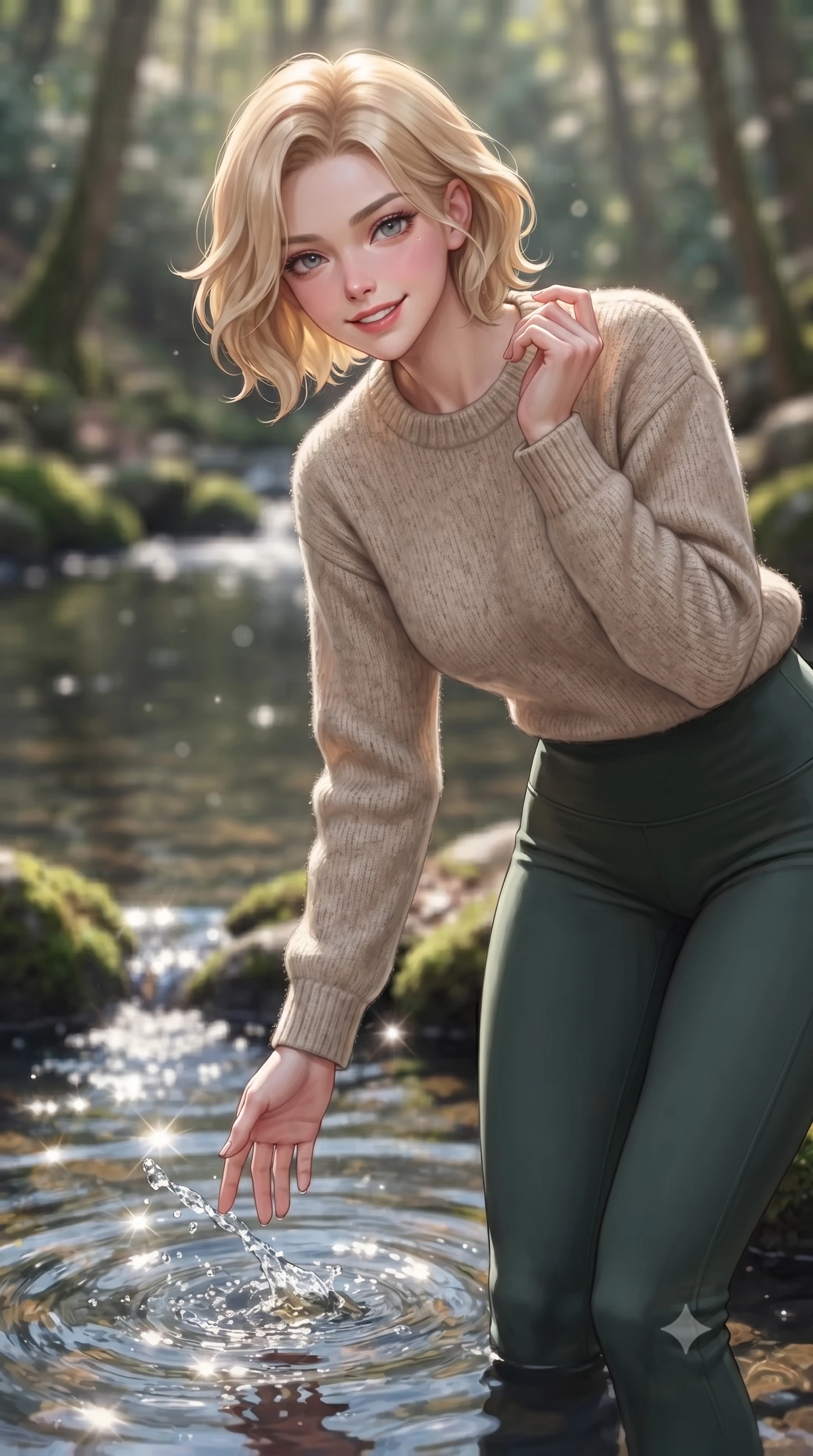 score_9, masterpiece, best quality, ultra-detailed, high-budget anime keyframe, editorial fashion photography, tasteful artistic composition, Caucasian woman. close-up cowboy shot from the waist and thighs up, the character dominates the composition, filling the frame with her large presence, background elements kept in soft focus. flashing a sweet yet sultry smile, holding her hand near her shoulder in a poised gesture set against a soft-focus background of next to a quiet forest pond fed by a cold mountain stream dipping her fingertips into the cool water with a playful, cute splash. She has an exceptionally elegant, slender, and willowy female figure with an ultra-slim waist, a gracefully sculpted slender torso, and a refined silhouette. sharp v-shaped jawline, high-bridge nose, intricate jewel-like eyes with depth, thick eyelashes, glossy lips with a natural sheen. wearing tailored cozy knit sweater in oatmeal, paired with activewear pants. bright morning sun rays creating sparkling glints on the moving stream. ultra-reflective glossy finish, specular highlights, metallic sheen, high-contrast stereoscopic depth, volumetric dynamic lighting, 2k, ultra detail, master piece, 9:16 ratio