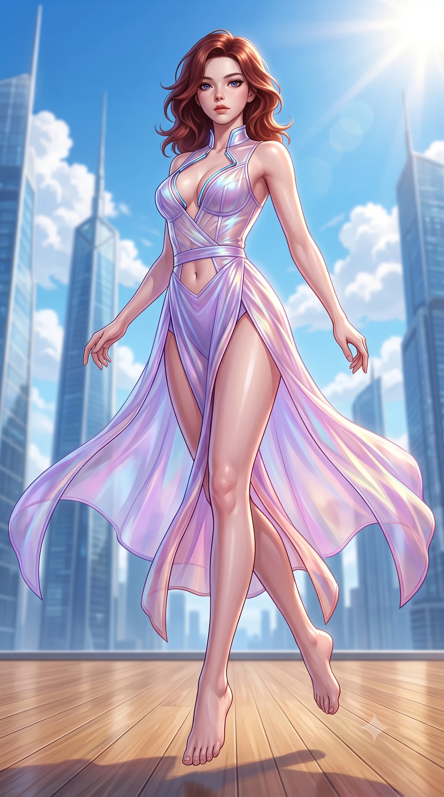 score_9, masterpiece, best quality, ultra-detailed, high-budget anime keyframe, semi-realistic 3D game render, editorial fashion photography, tasteful artistic composition, Korean woman. low angle full-body shot from head to toe showing her feet, filling the entire 9:16 vertical frame with her statuesque presence, stretching her vertical silhouette. leaping through mid-air with an athletic yet alluring arch of her spine, her impossibly long slender legs stretched in flawless poise while stretching forward with an alluring S-curve silhouette on a polished wooden sky-deck in full daylight. The composition keeps background elements in soft focus with creamy bokeh. towering glass skyscraper spires and white fluffy cumulus clouds blurred into vivid sky-blue bokeh. She has an absolutely perfect, statuesque 8.5-heads proportion, an exceptionally tall and slender model-like female figure with impossibly long slender legs, a toned flat midriff, and an ultra-slim waist. sharp v-shaped jawline, high-bridge nose, intricate jewel-like eyes with depth, thick eyelashes, glossy lips with a natural sheen, flawlessly proportioned anatomical accuracy, strict slender model proportions, natural body alignment, perfectly sculpted long slender limbs, ultra-slim waistline, clean dynamic posture without body distortion. wearing a translucent iridescent organza wrap dress with structured bustier boning, plunging neckline, and high-cut dual leg slits in luminous lavender violet and rose gold, made of smooth iridescent silk chiffon that shifts colors with movement, featuring a dangerously unzipped neckline framed by glowing cybernetic accents, the precision-cut daring openings accentuating her delicate midriff, graceful bare collarbones, and ultra-slim feminine waistline. bathed in brilliant high-noon sunbursts and rich sky-blue ambient bounce light. highly saturated vibrant anime colors, detailed shading with soft gradients, rich glossy textures, high-contrast stereoscopic depth, volumetric dynamic lighting, master piece, 9:16 ratio